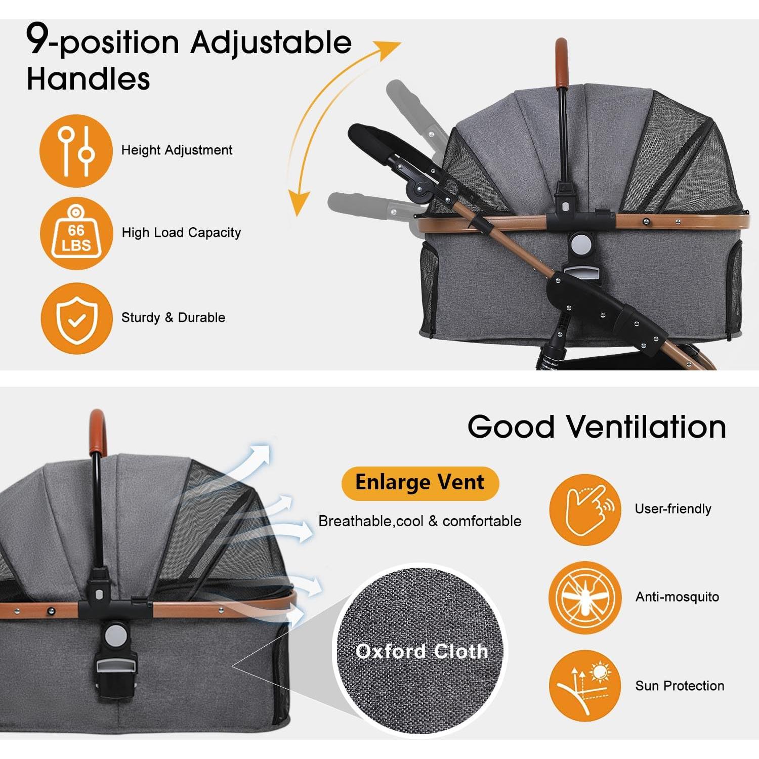 Carrito para Mascotas BestPet 3-en-1 Plegable 30kg Gris