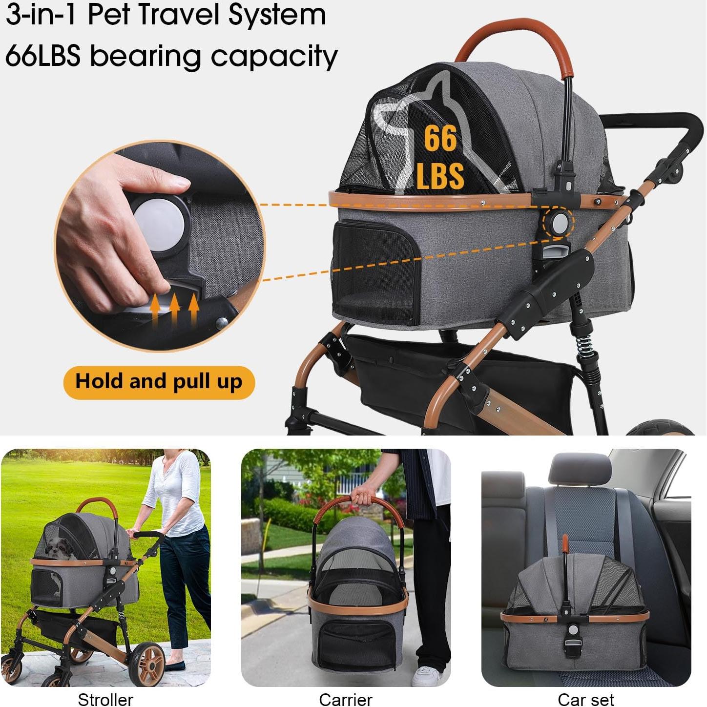 Carrito para Mascotas BestPet 3-en-1 Plegable 30kg Gris