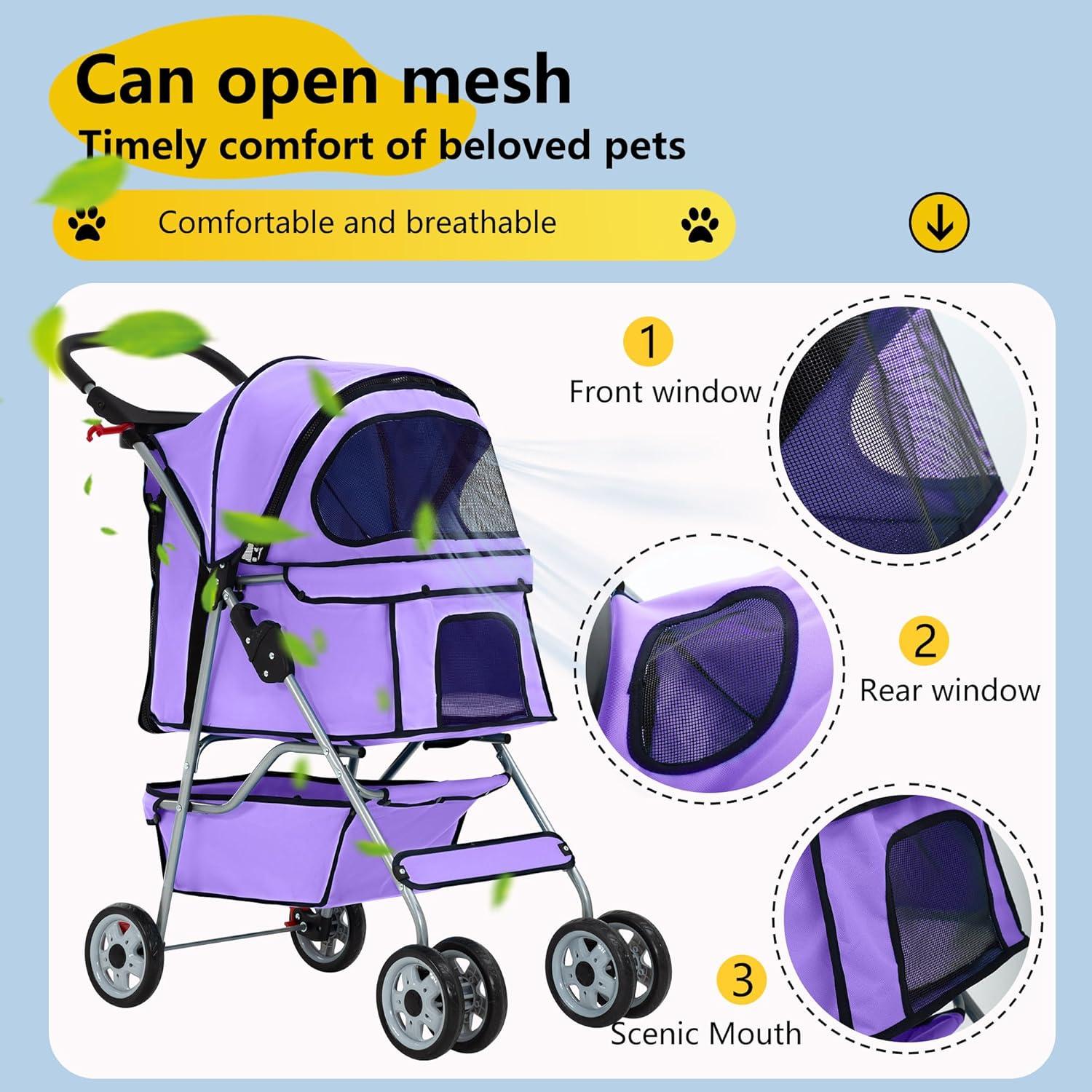 Carrito de Mascotas FDW Púrpura 4 Ruedas Plegable 15kg