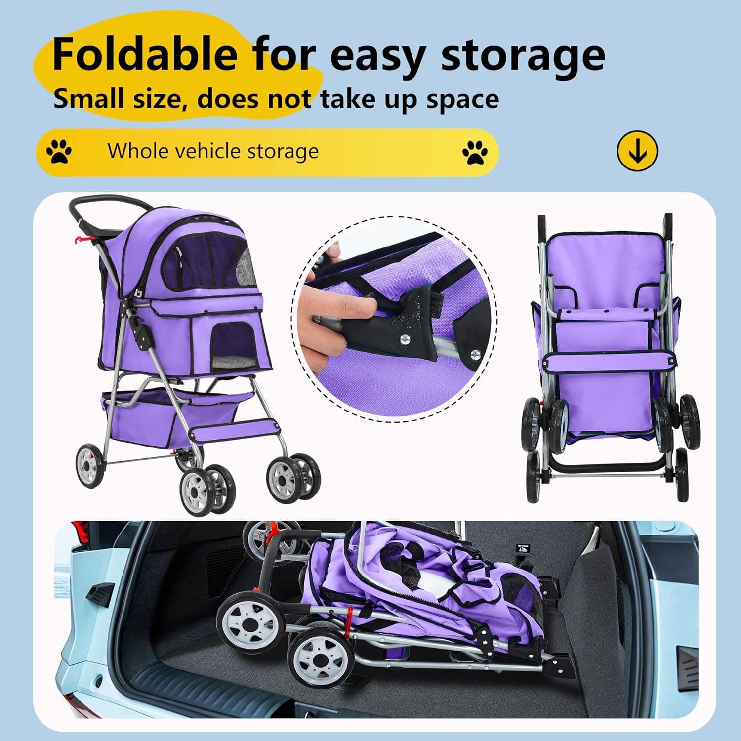 Carrito de Mascotas FDW Púrpura 4 Ruedas Plegable 15kg