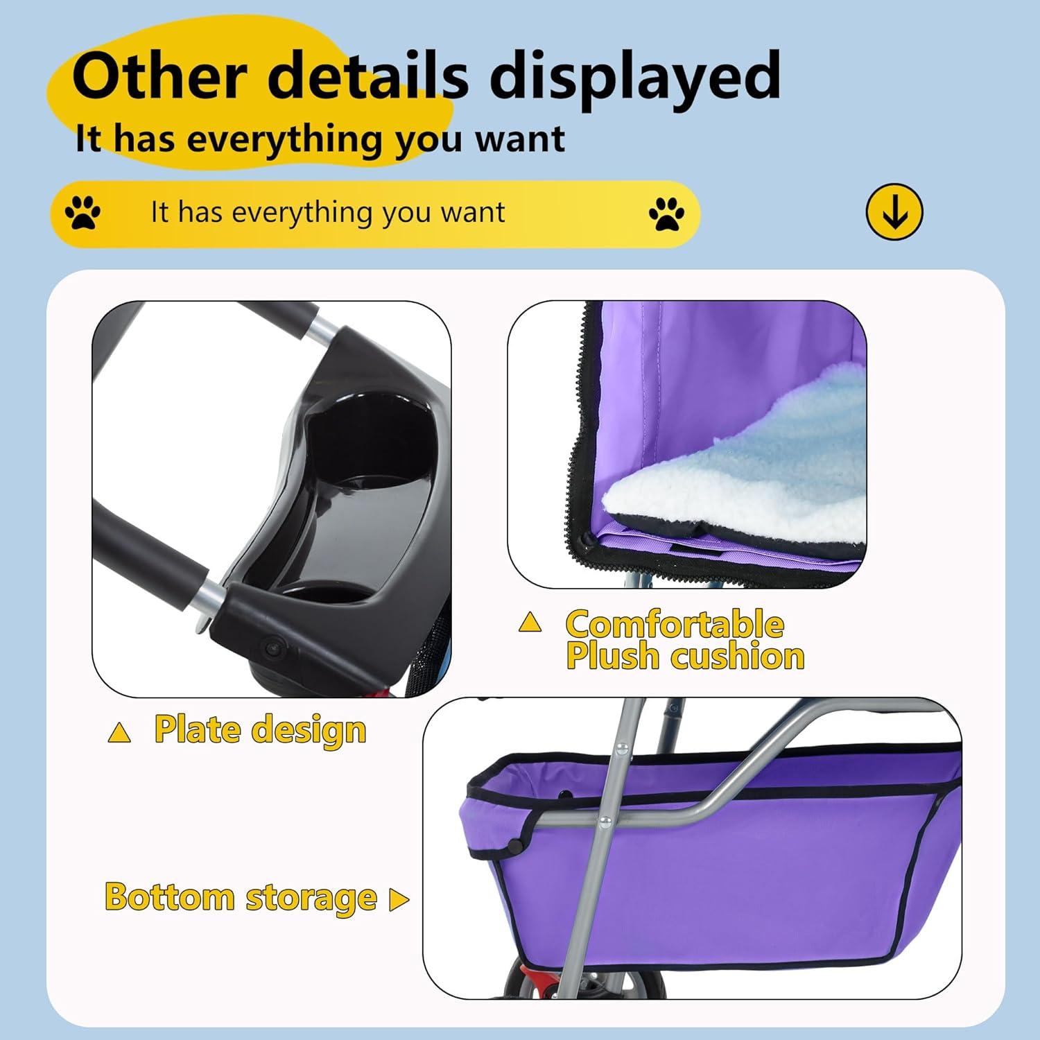 Carrito de Mascotas FDW Púrpura 4 Ruedas Plegable 15kg