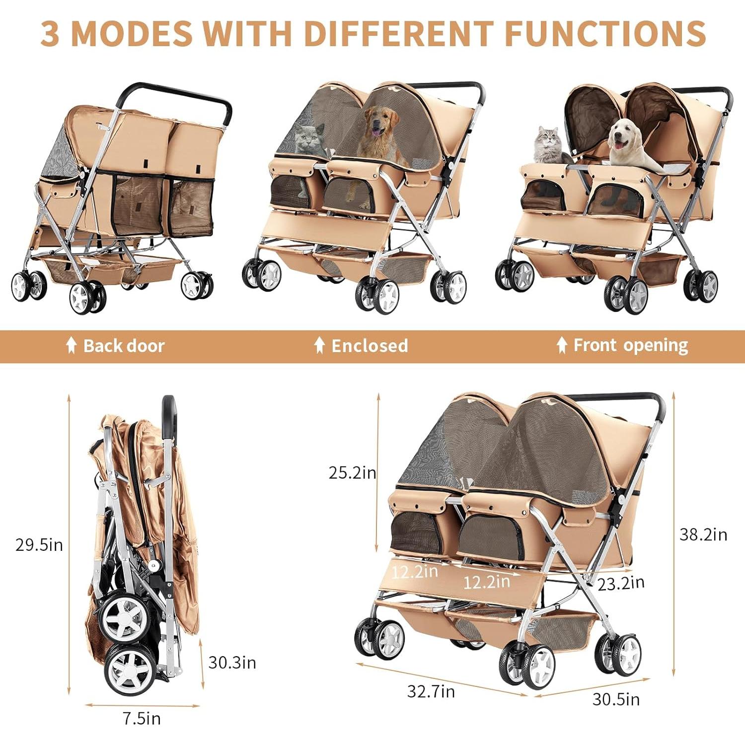 Carrito de Mascotas Doble LPOTIUS Plegable Beige 20 kg