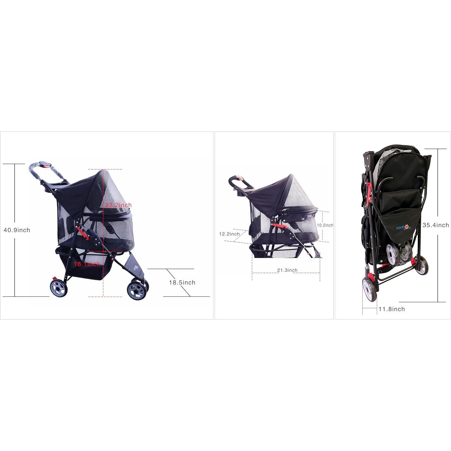 Carrito para Mascotas FOURPAW 3 Ruedas Ventana Completa Negro