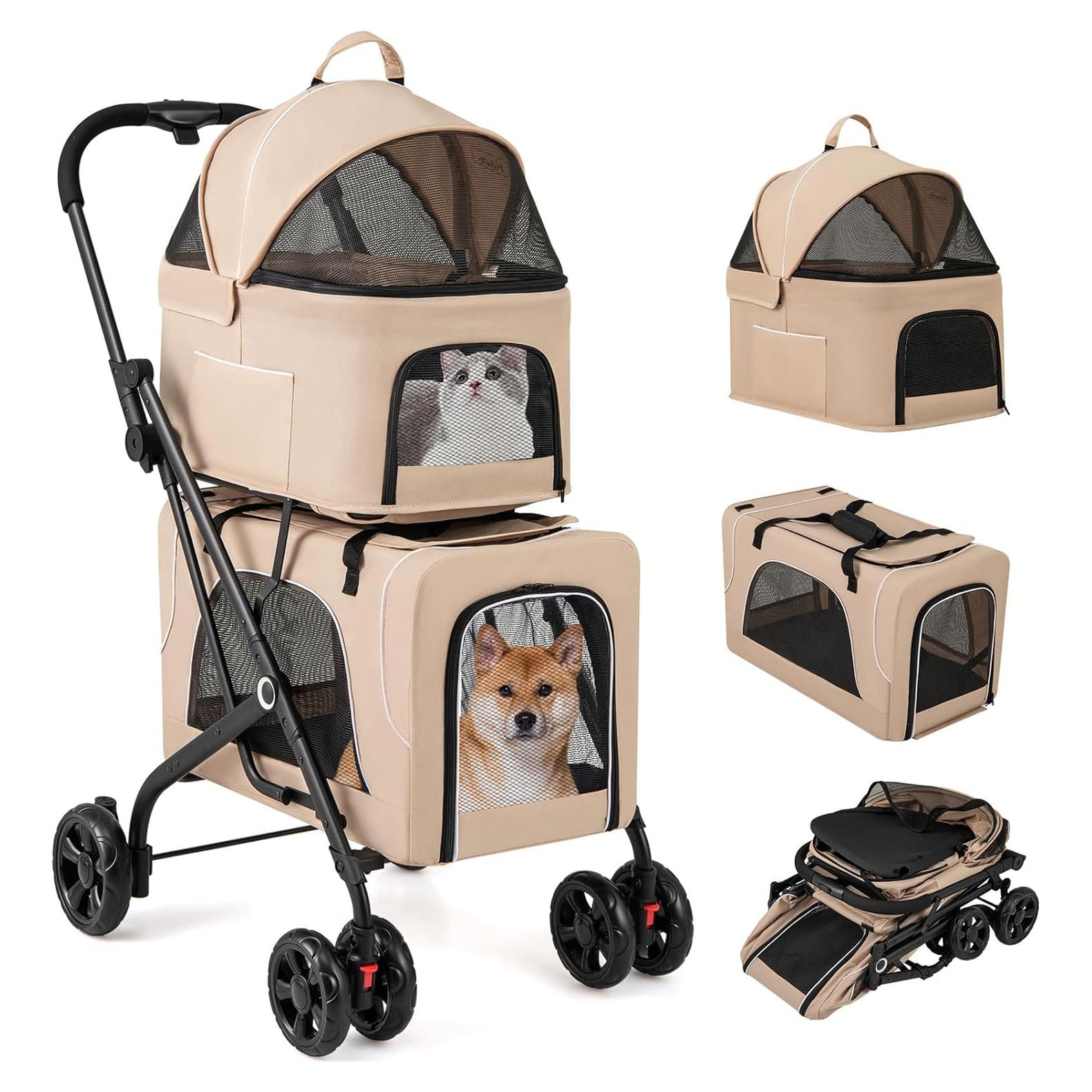 Carrito Doble para Mascotas Giantex Beige, 2 Transportadores Desmontables
