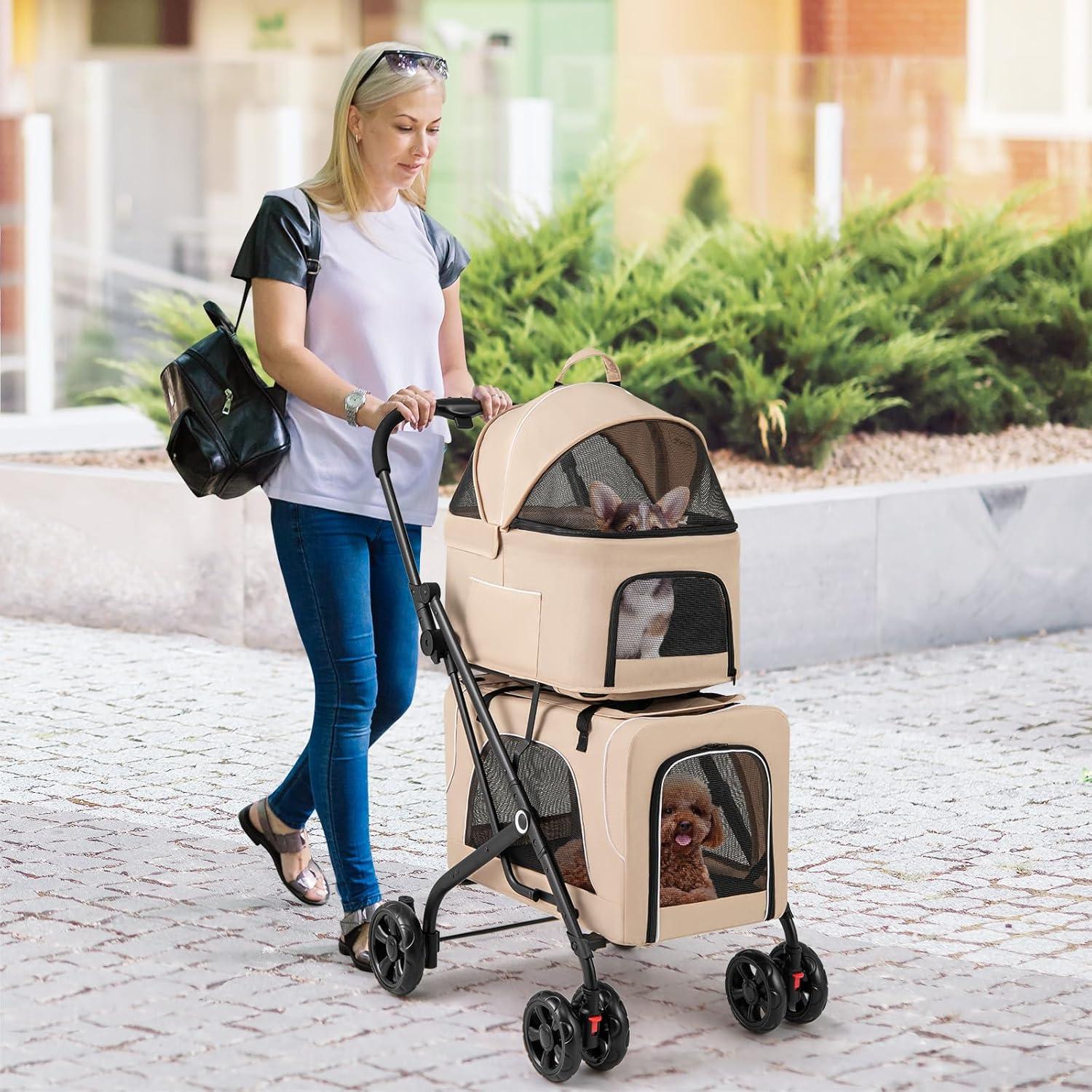 Carrito Doble para Mascotas Giantex Beige, 2 Transportadores Desmontables