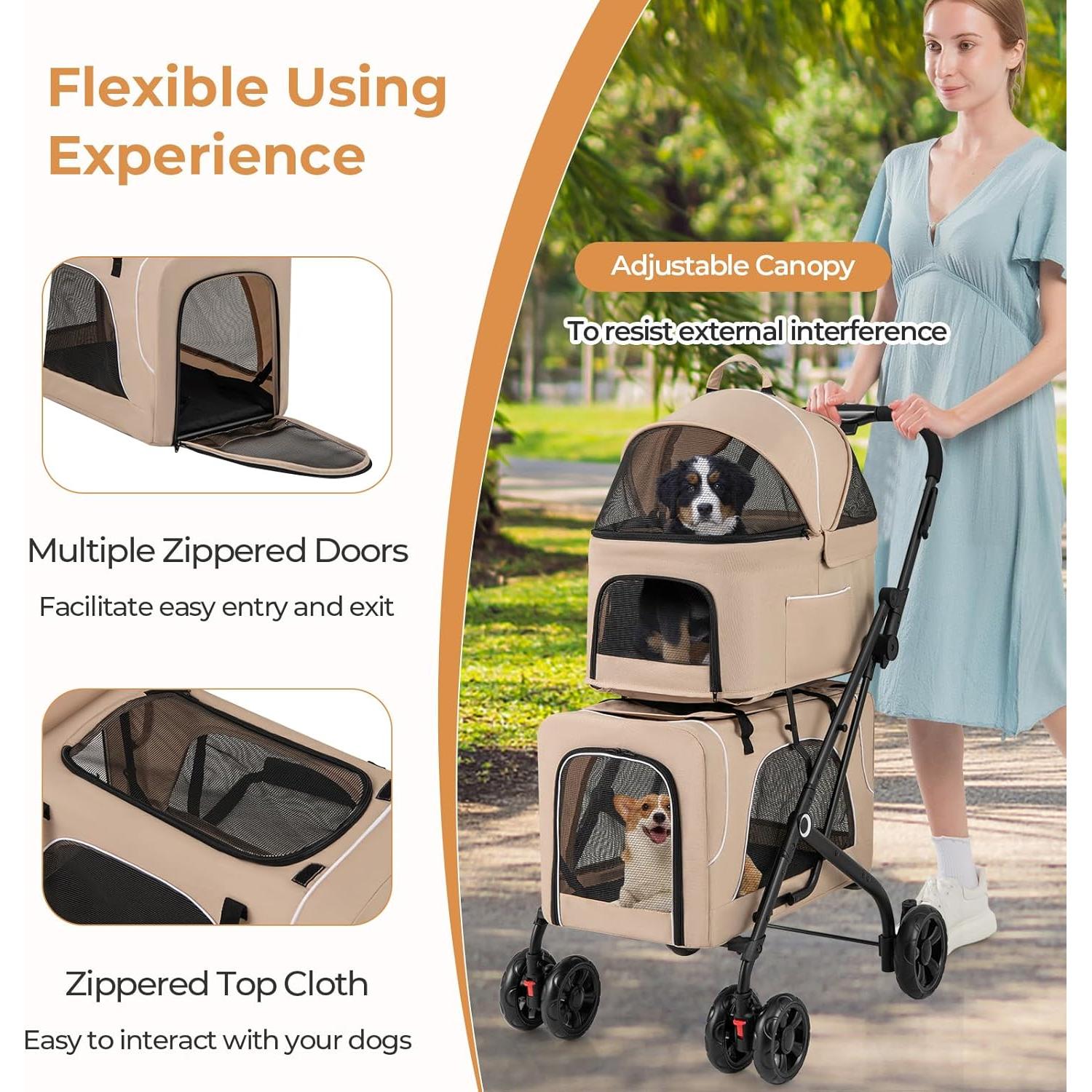 Carrito Doble para Mascotas Giantex Beige, 2 Transportadores Desmontables
