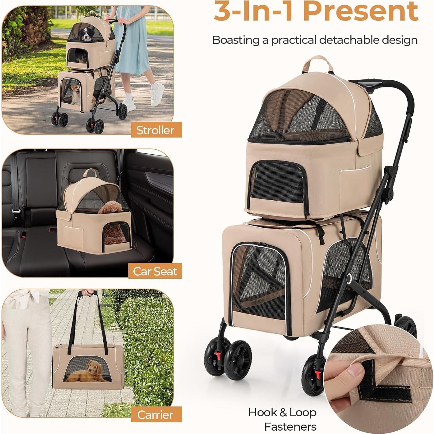 Carrito Doble para Mascotas Giantex Beige, 2 Transportadores Desmontables