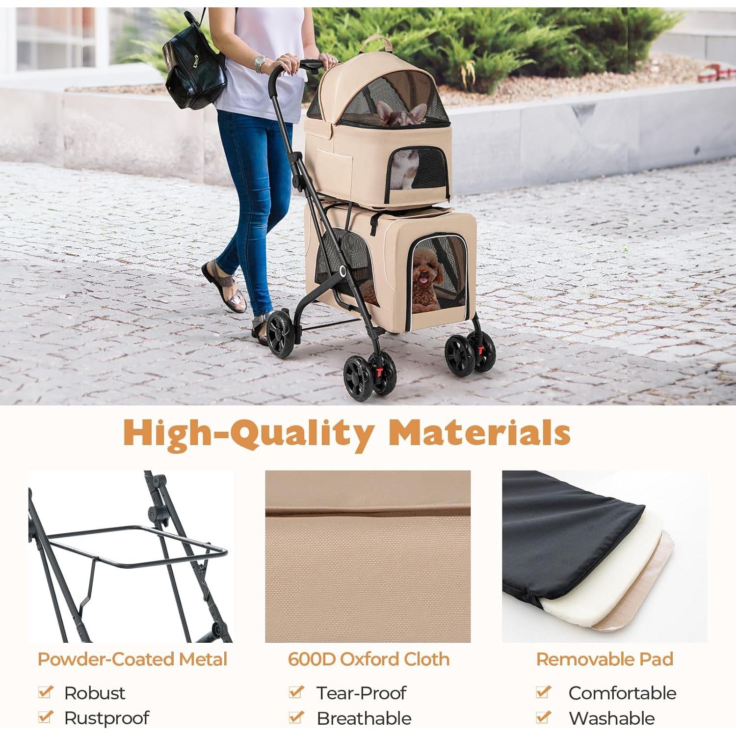 Carrito Doble para Mascotas Giantex Beige, 2 Transportadores Desmontables