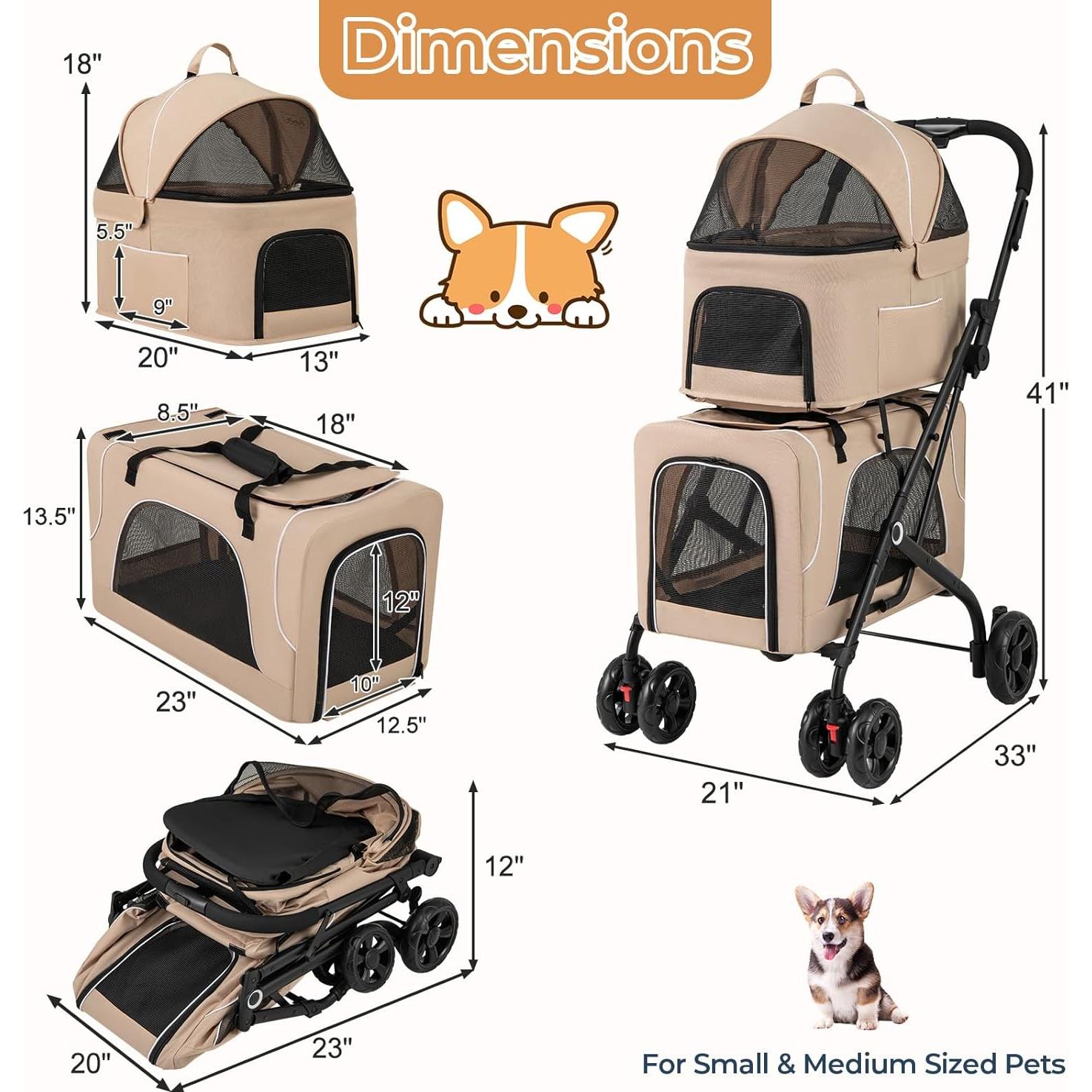 Carrito Doble para Mascotas Giantex Beige, 2 Transportadores Desmontables