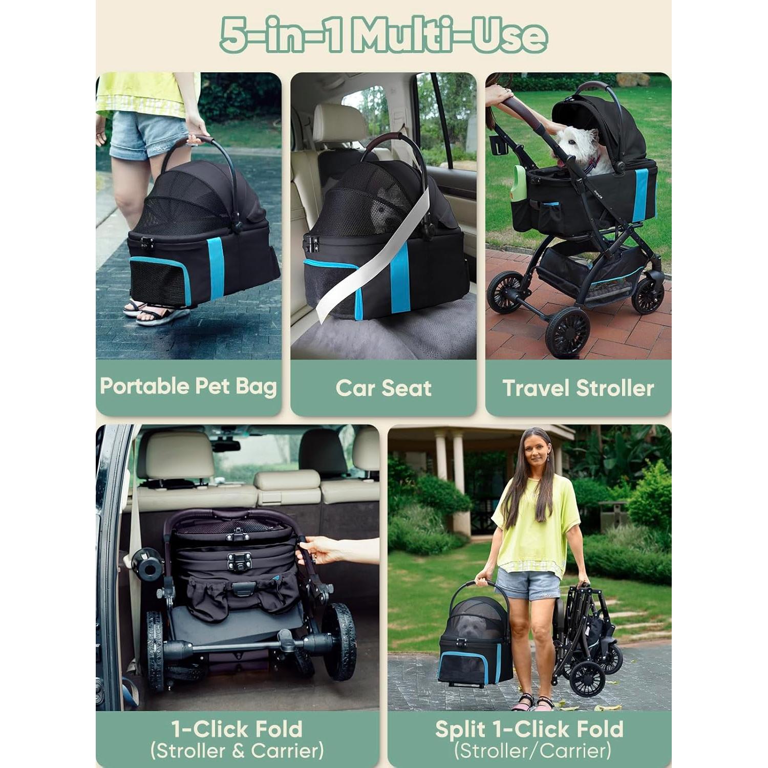 Carrito para Mascotas WagvyGo 5-en-1 Plegable Negro hasta 25kg