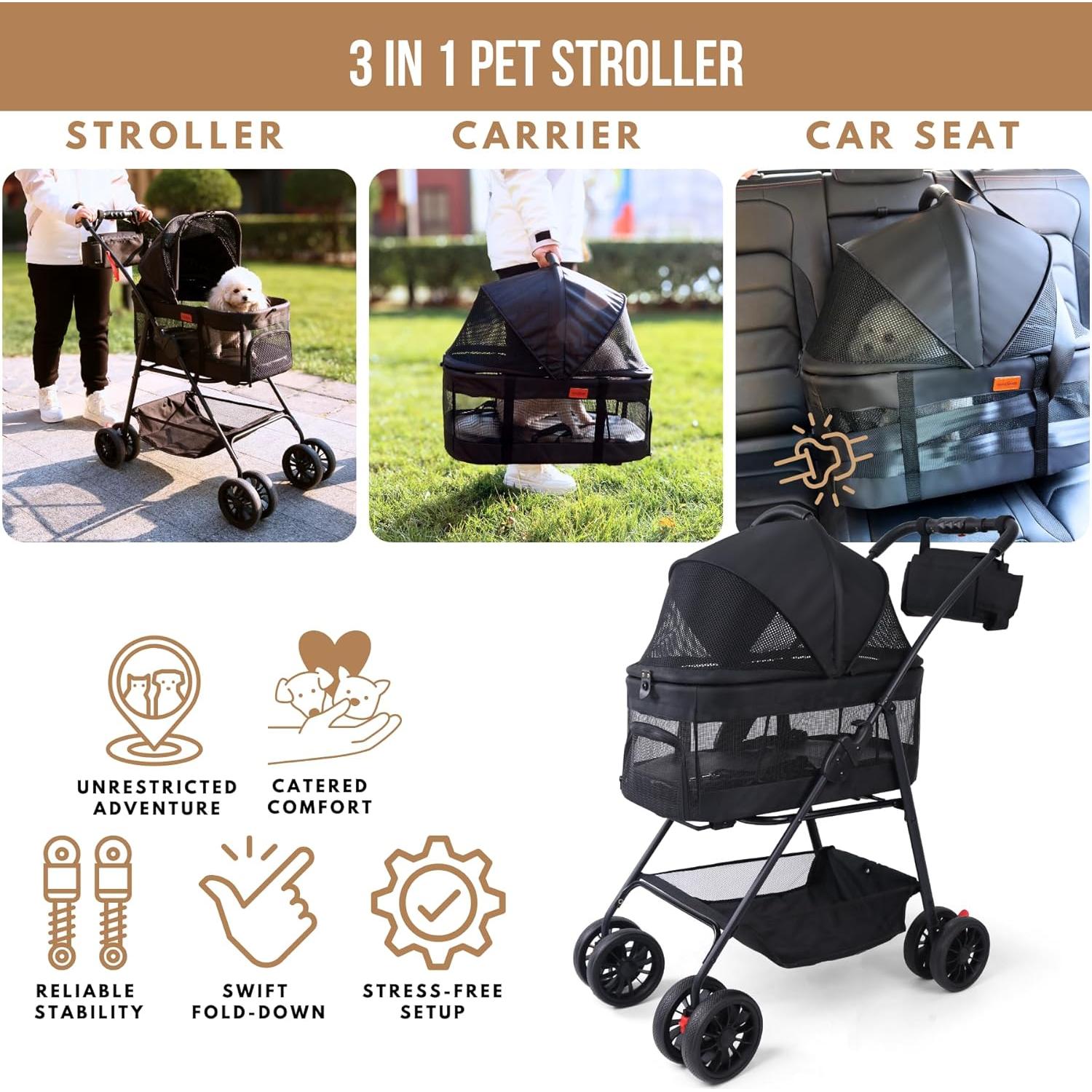 Carrito de Mascotas Bicystar Plegable 3 en 1 para Perros y Gatos