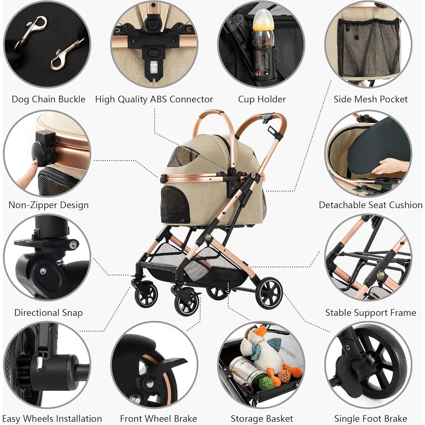 Carrito para Mascotas Kenyone C310L 3 en 1 Plegable Caqui