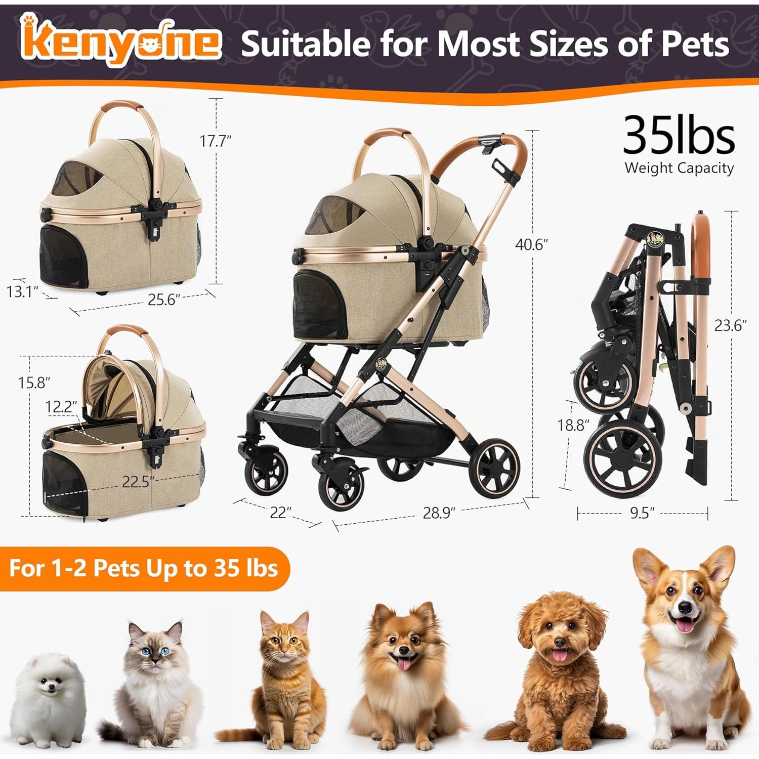 Carrito para Mascotas Kenyone C310L 3 en 1 Plegable Caqui