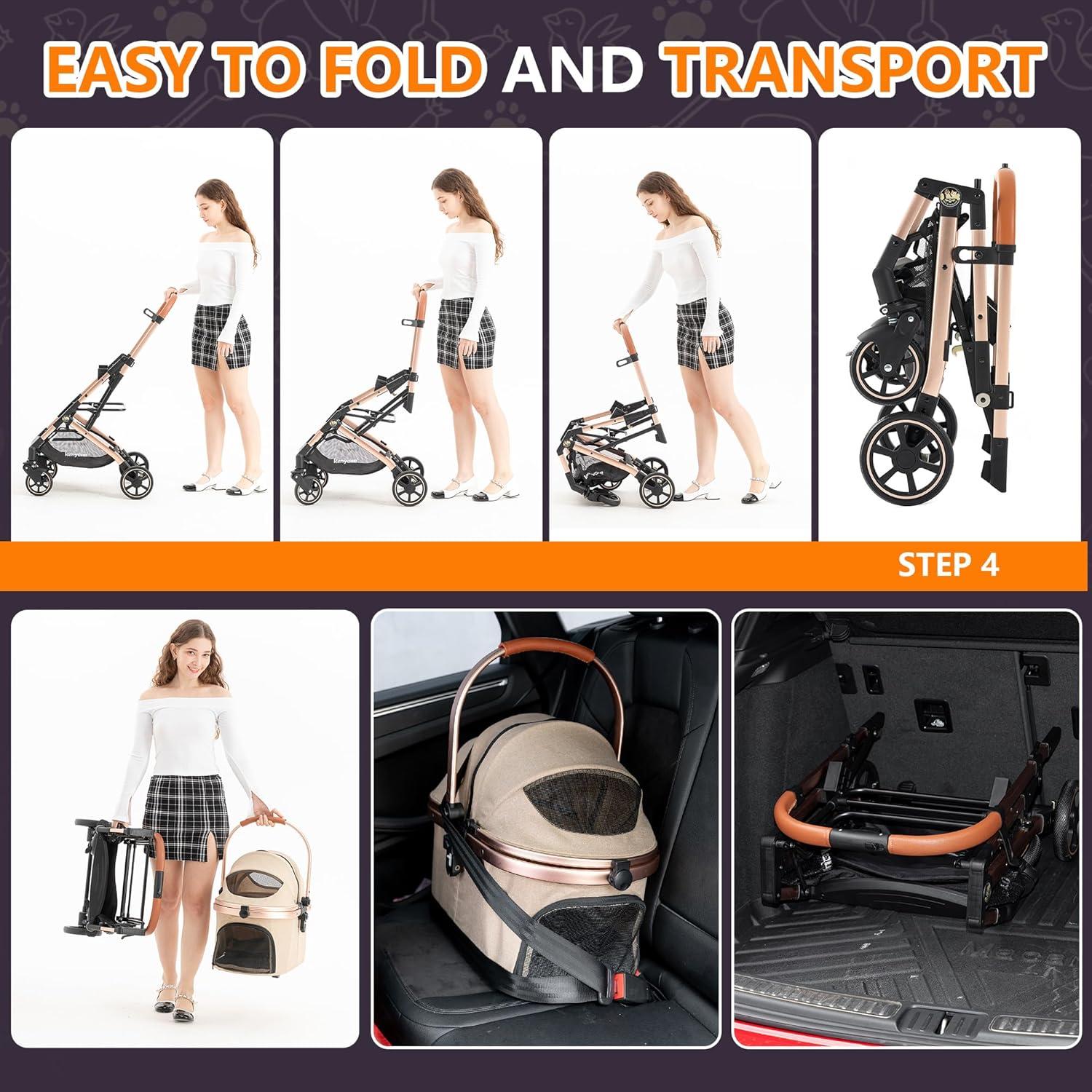 Carrito para Mascotas Kenyone C310L 3 en 1 Plegable Caqui