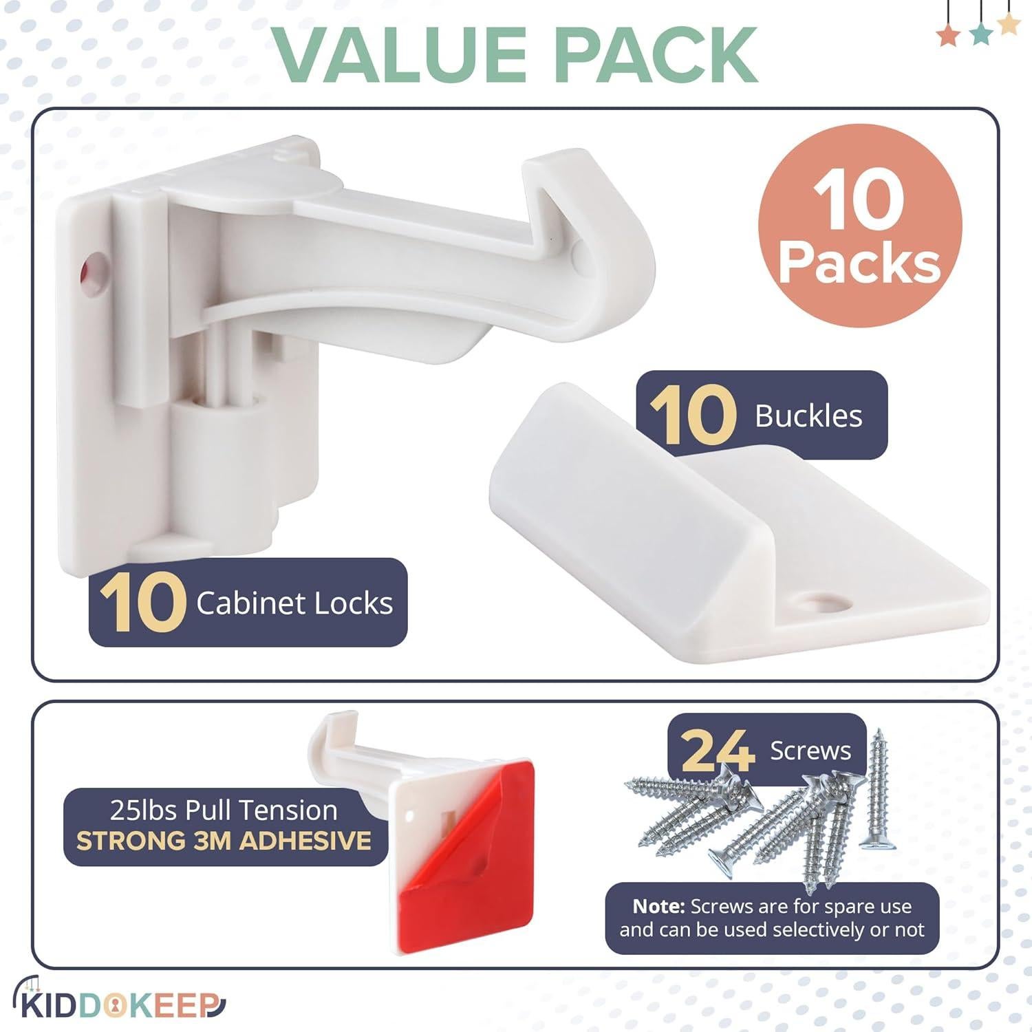Pestillos de Seguridad para Gabinetes KiddoKeep - 10 Pcs