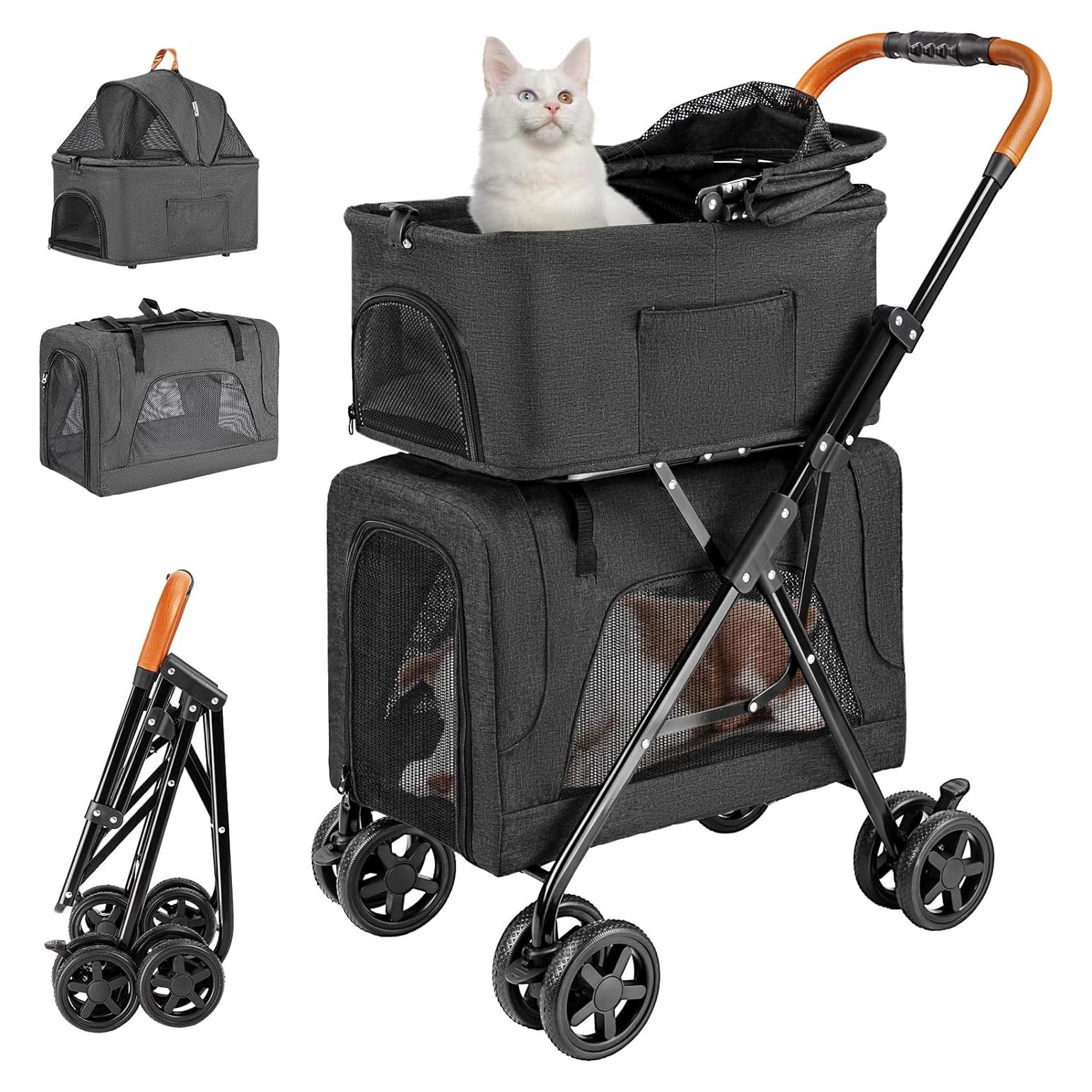 Carrito de Mascotas Doble LPOTIUS Negro para Perros y Gatos