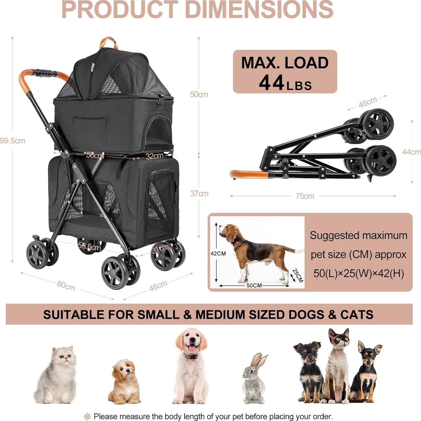 Carrito de Mascotas Doble LPOTIUS Negro para Perros y Gatos