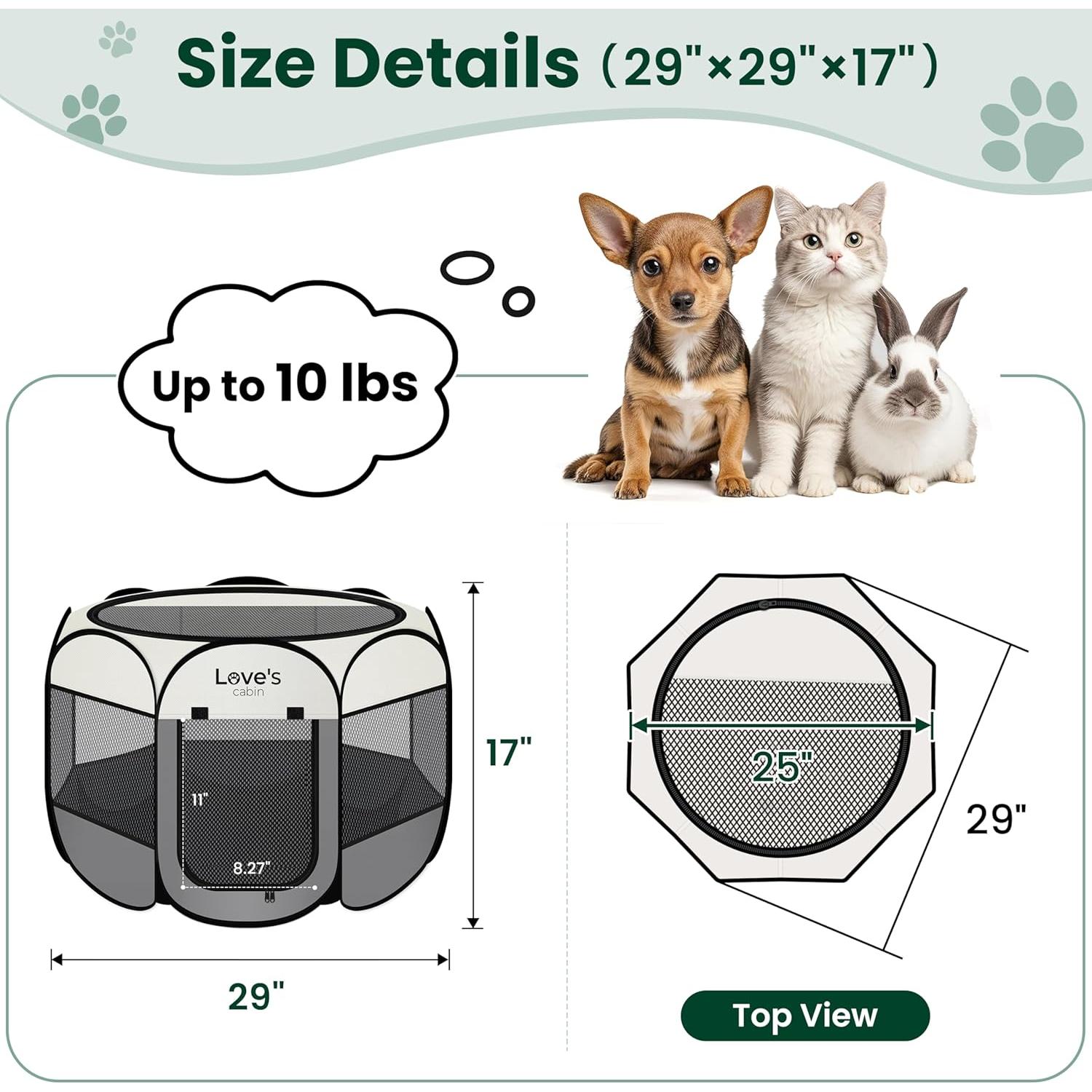 Love's cabin Pet Puppy Dog Playpen, Small Dog Tent Crates Cage Indoor/Outdoor, Portable Playpen for Cat, Foldable Pop Up Dog Kennel Playpen with Carring Case, Removable Zipper Top, Grey