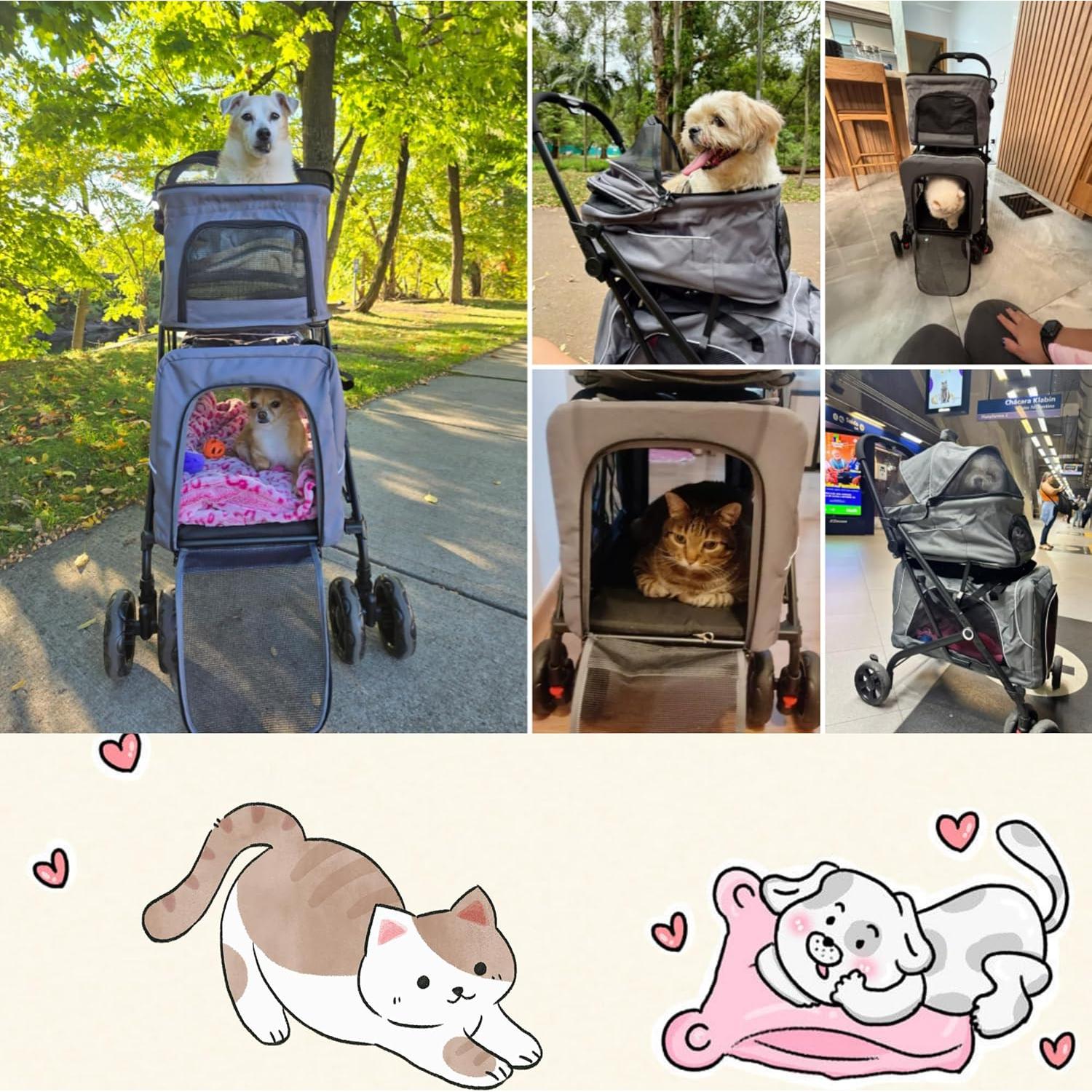 Carrito Doble para Mascotas FunImpact Gris 3 en 1 Plegable