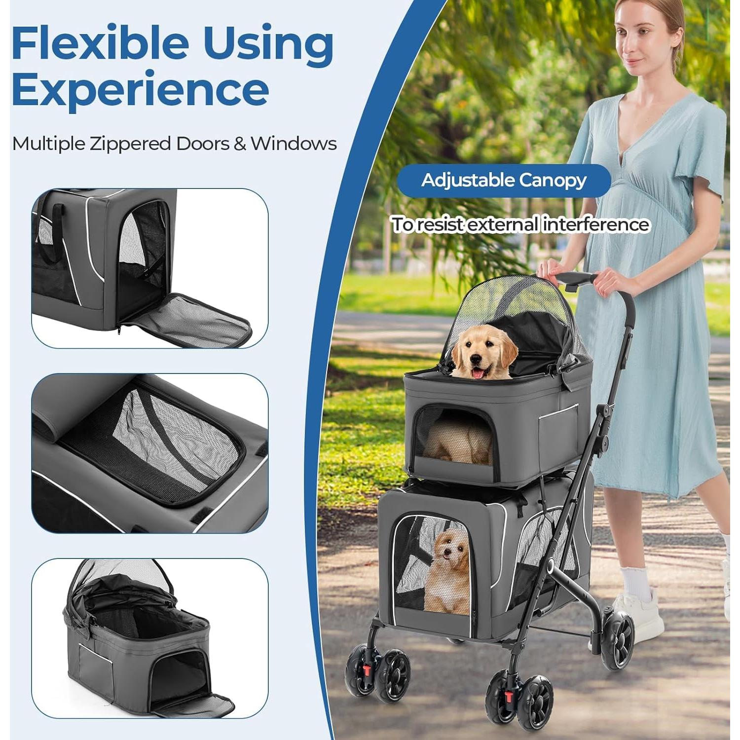 Carrito Doble para Mascotas FunImpact Gris 3 en 1 Plegable