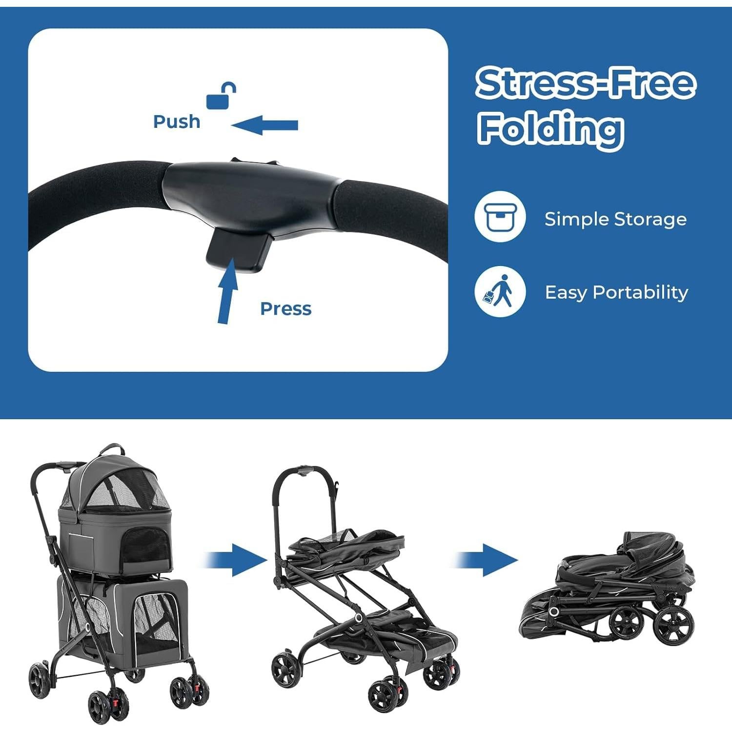 Carrito Doble para Mascotas FunImpact Gris 3 en 1 Plegable