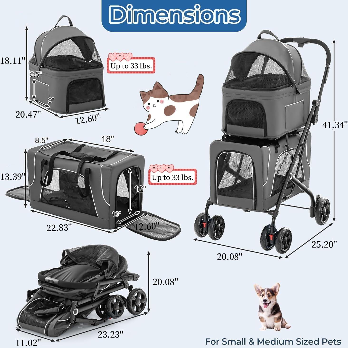 Carrito Doble para Mascotas FunImpact Gris 3 en 1 Plegable