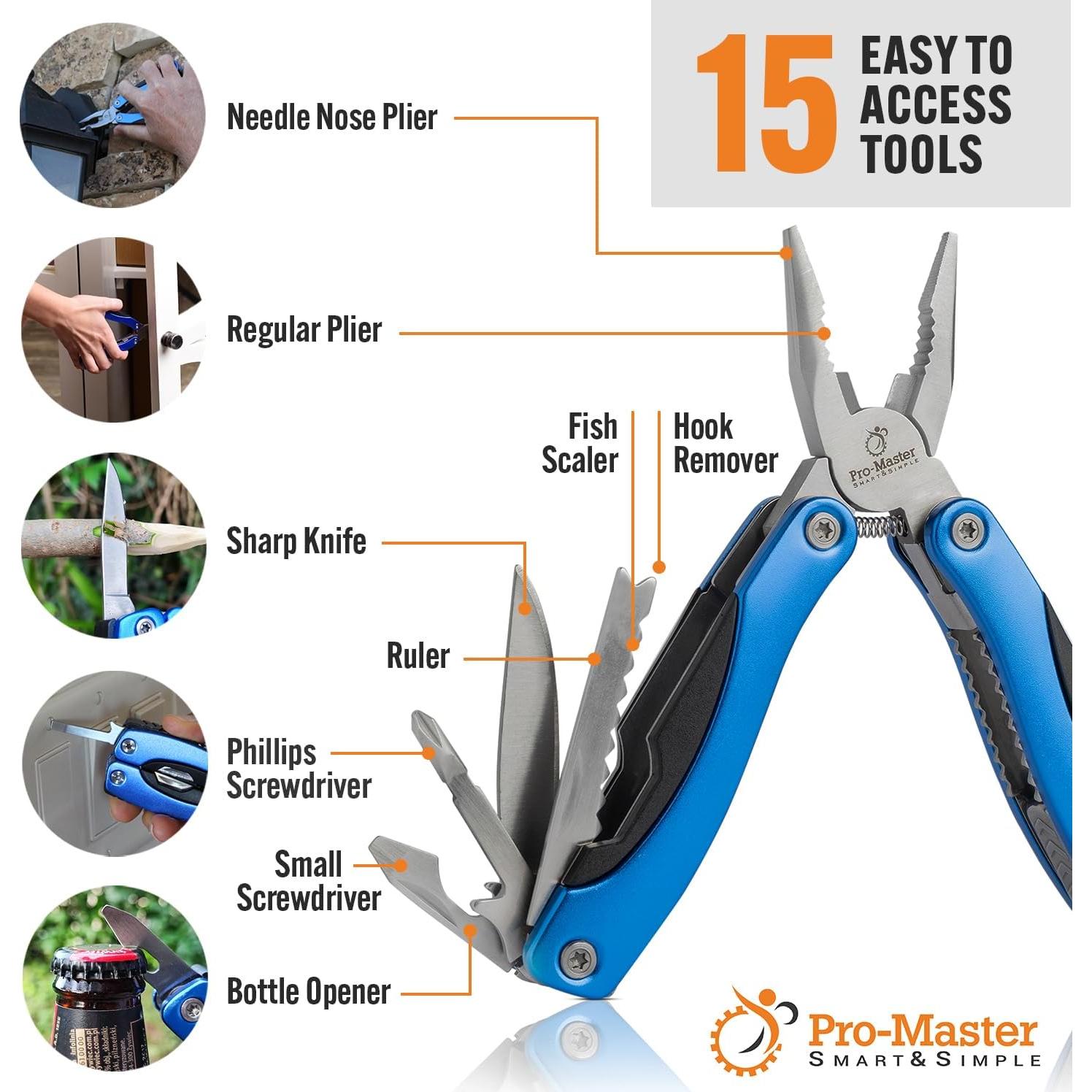 Multiherramienta 15-en-1 Pro-Master, acero inoxidable, azul