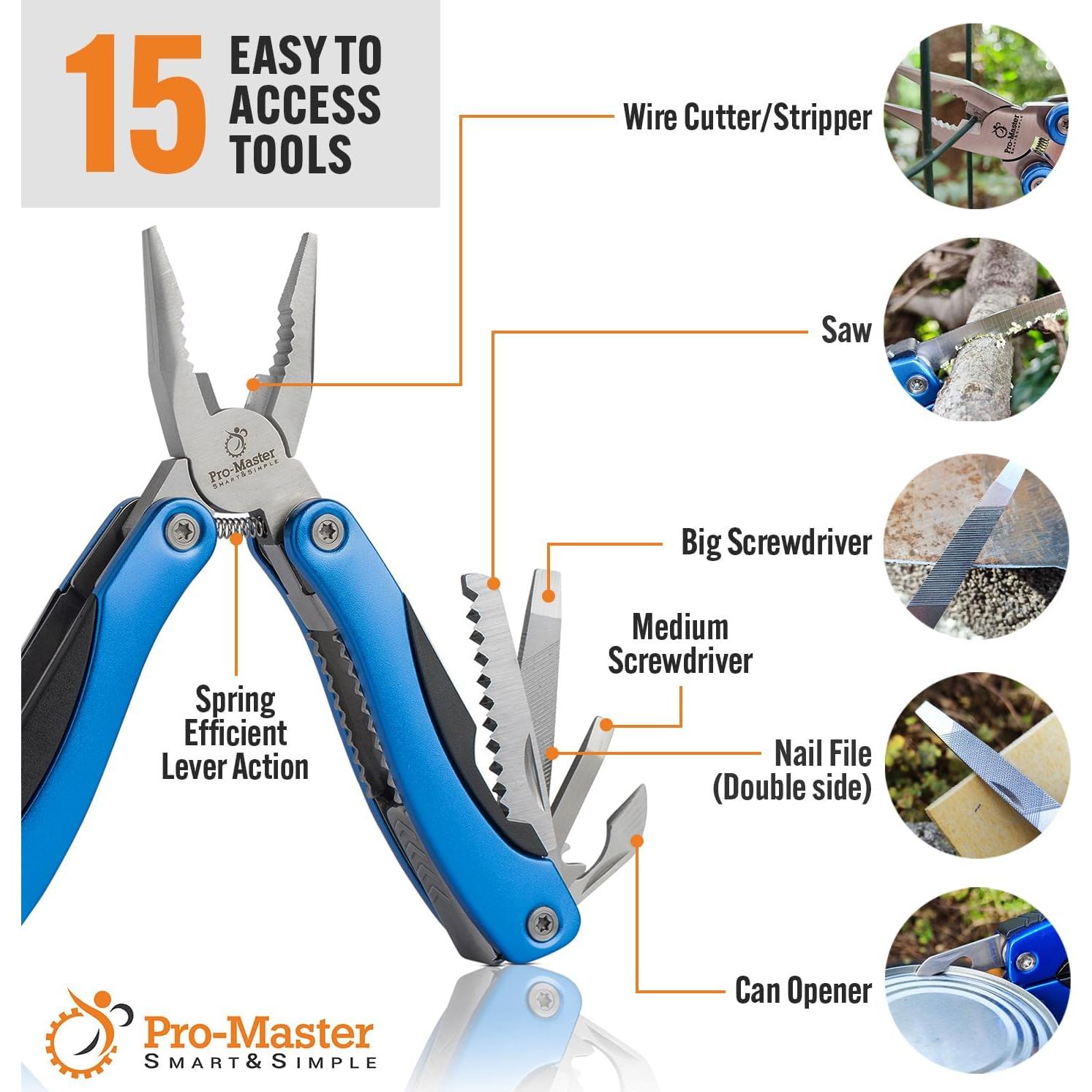 Multiherramienta 15-en-1 Pro-Master, acero inoxidable, azul