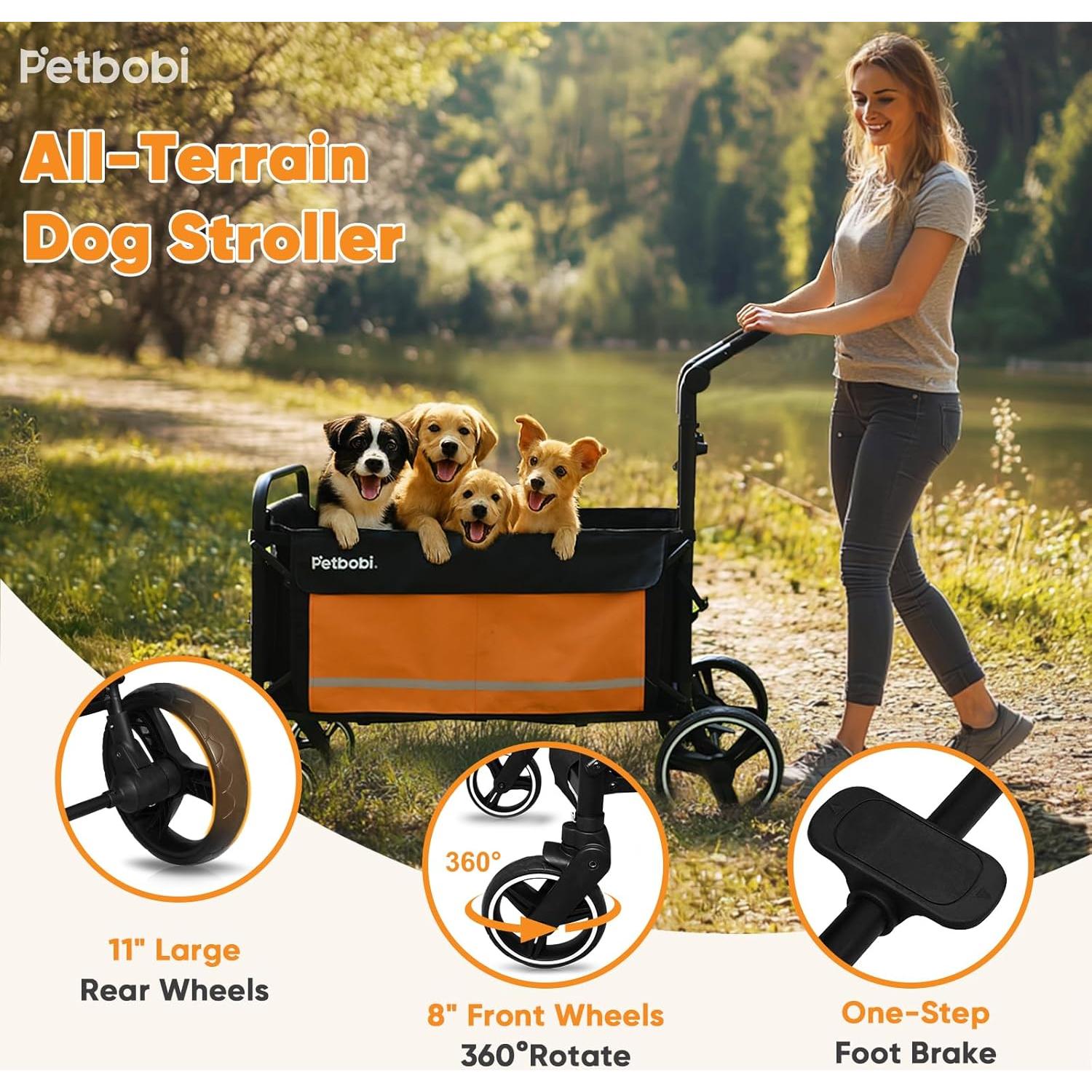 Carrito de Paseo para Perros Petbobi CP3305 Naranja 2 en 1