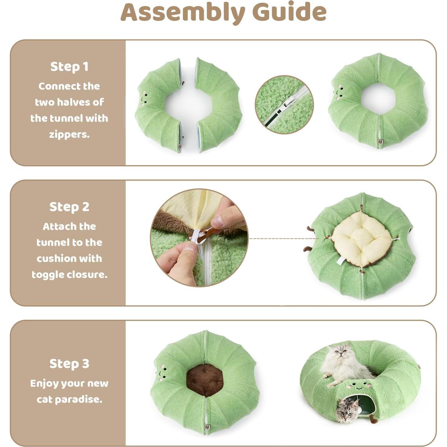 Túnel Cama para Gatos EHEYCIGA Verde 2 en 1 con Cojín Lavable