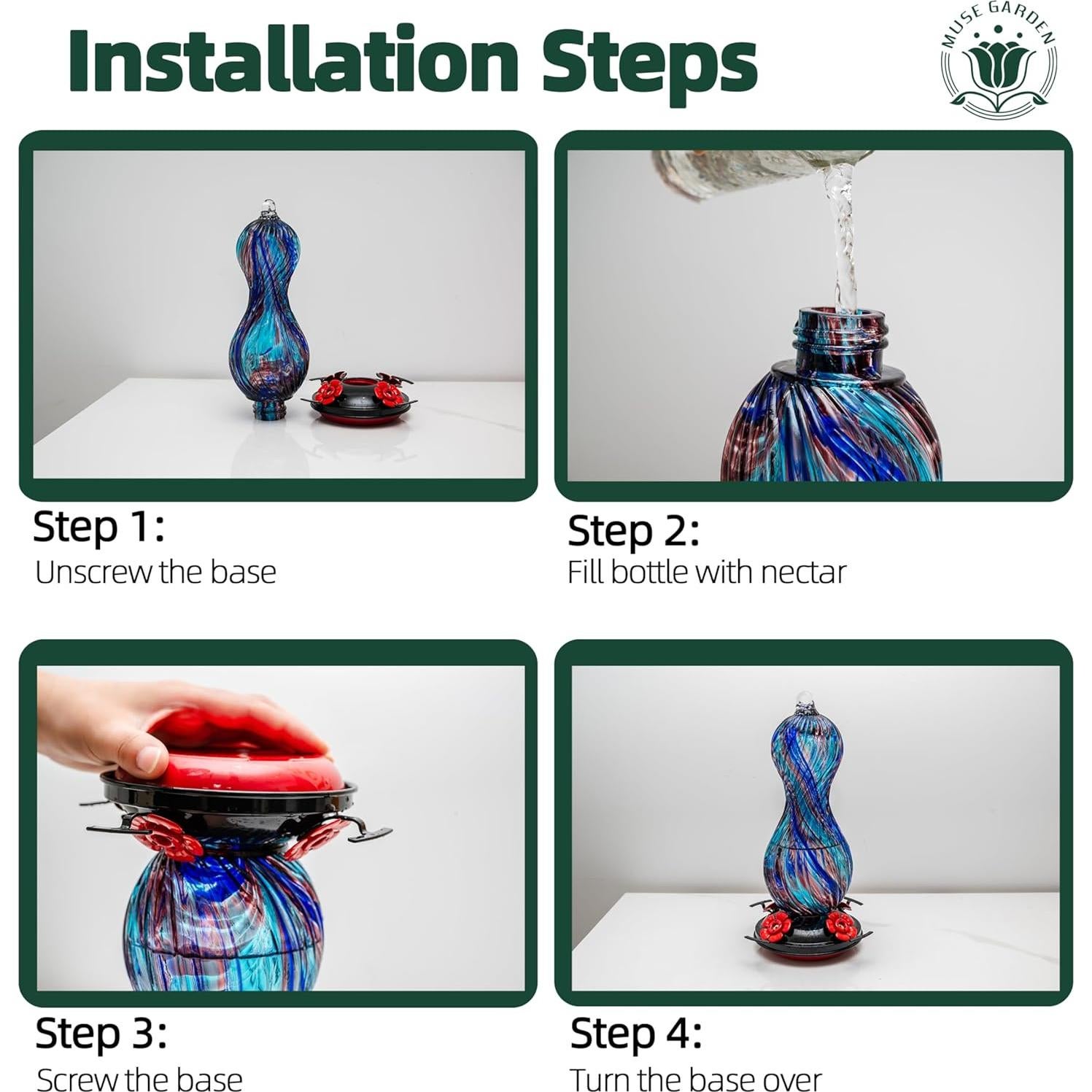 Alimentador de Colibríes Muse Garden Vidrio 24 oz Colgante