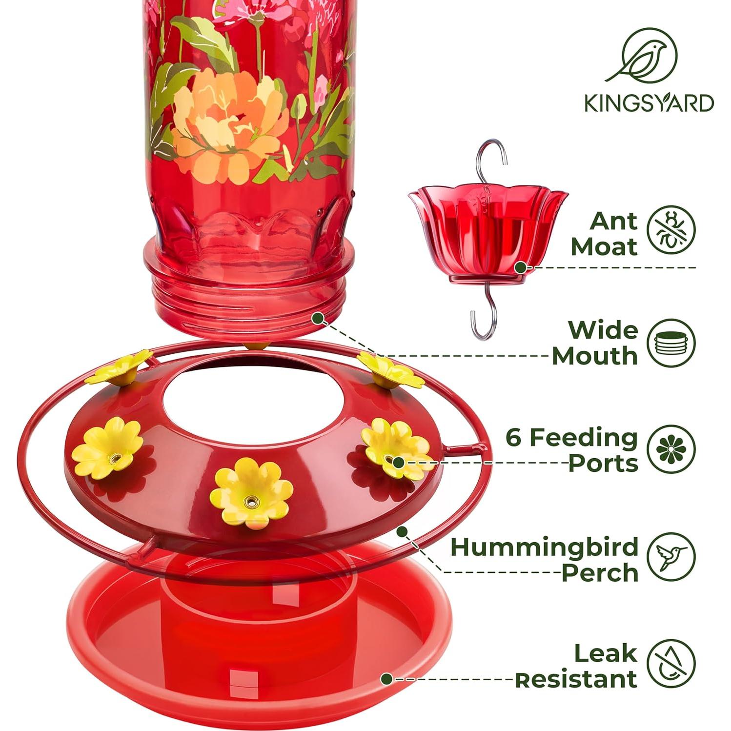 Alimentador de Colibrí Kingsyard de Vidrio 15 oz Rojo con 6 Puertos