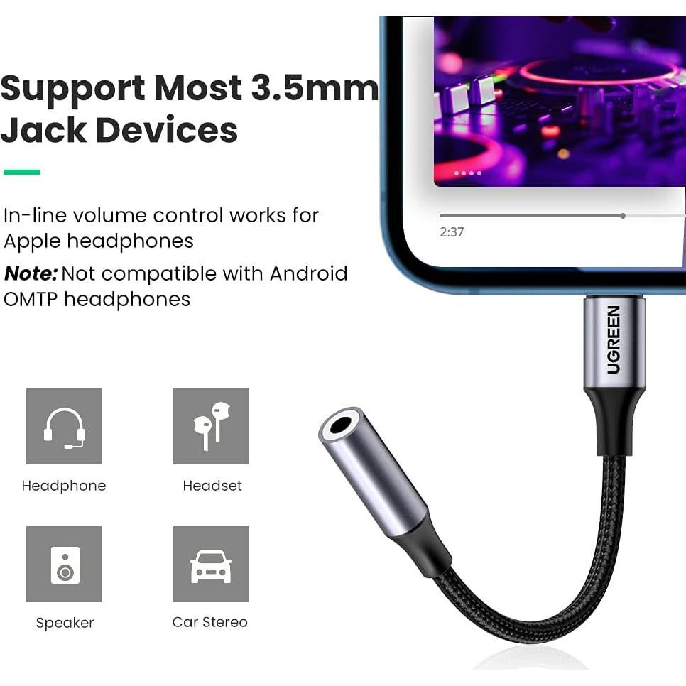 Adaptador UGREEN Lightning a 3.5mm para iPhone Gris