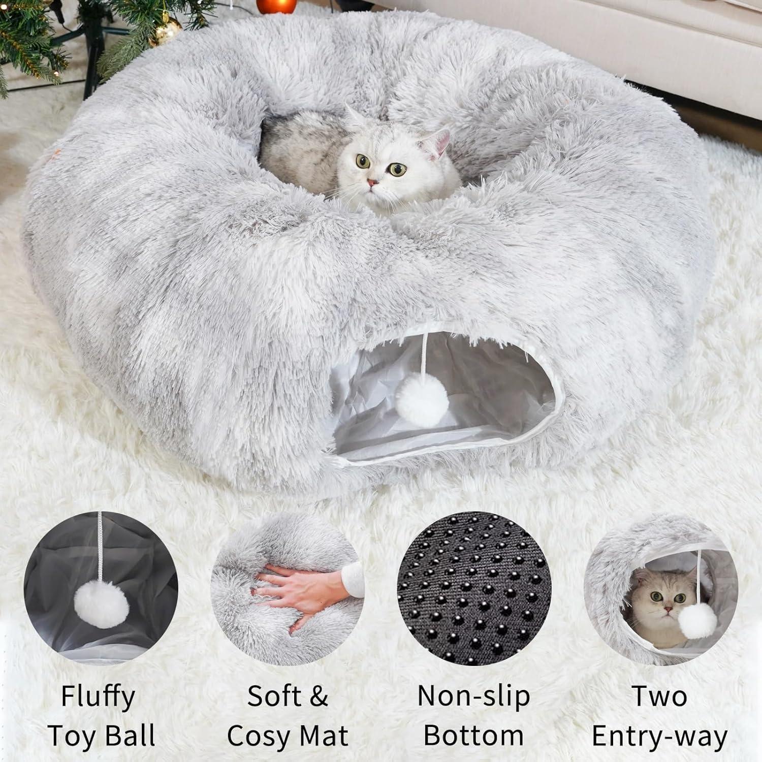 Cama túnel para gatos OOZAZEMM gris con cojín lavable 83.82 cm