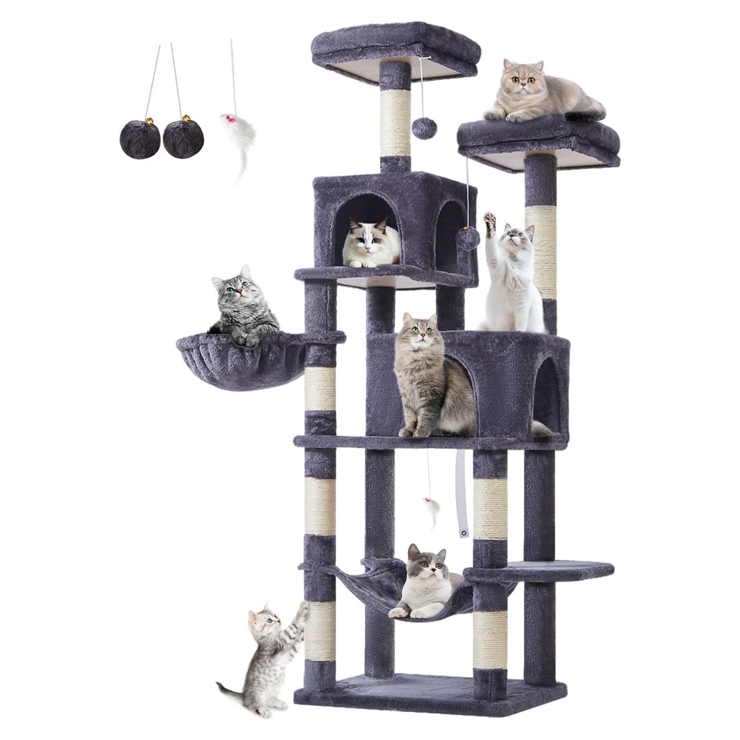 Árbol para Gatos Taoqimiao 168 cm Gris Humo con Hamaca y Cuevas