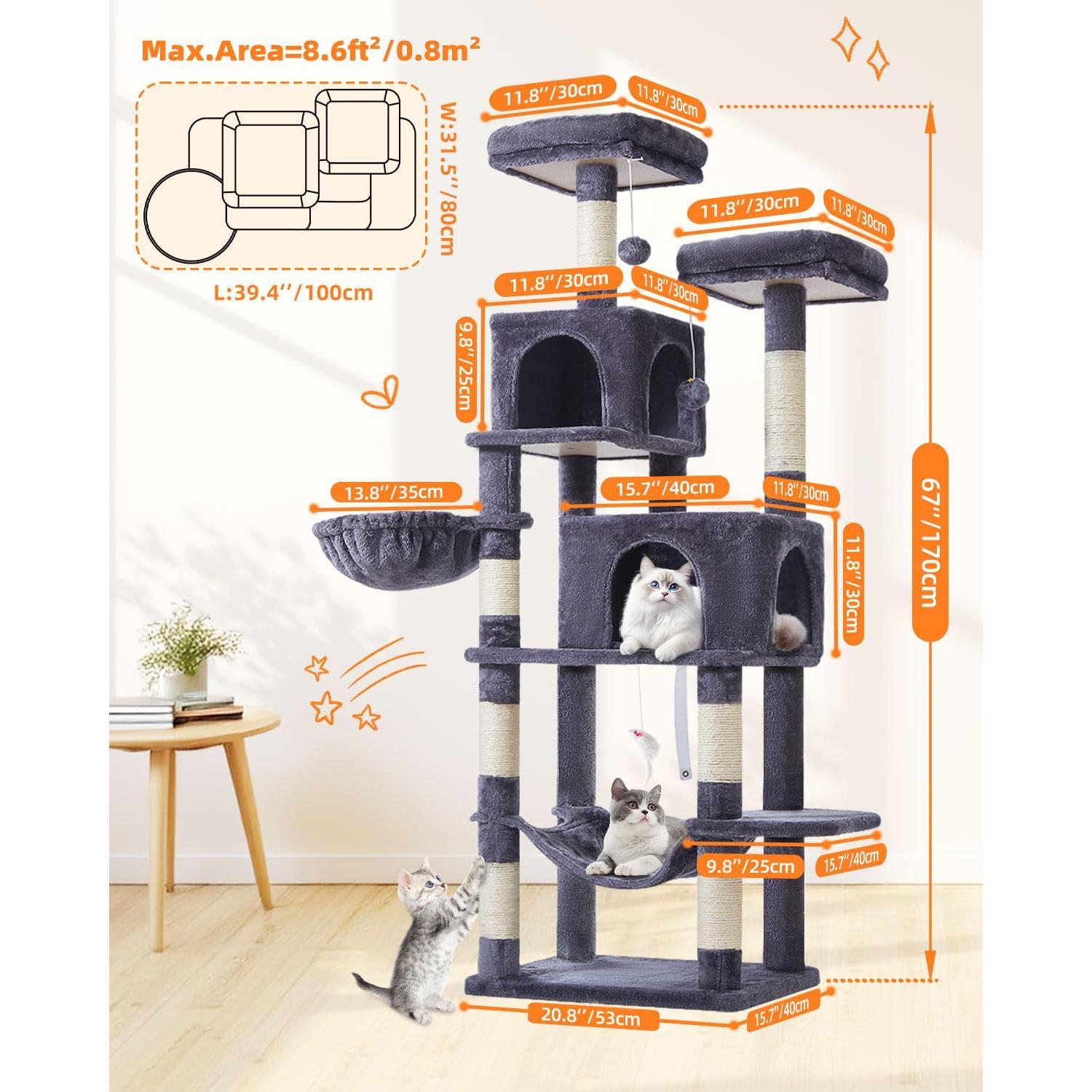Árbol para Gatos Taoqimiao 168 cm Gris Humo con Hamaca y Cuevas