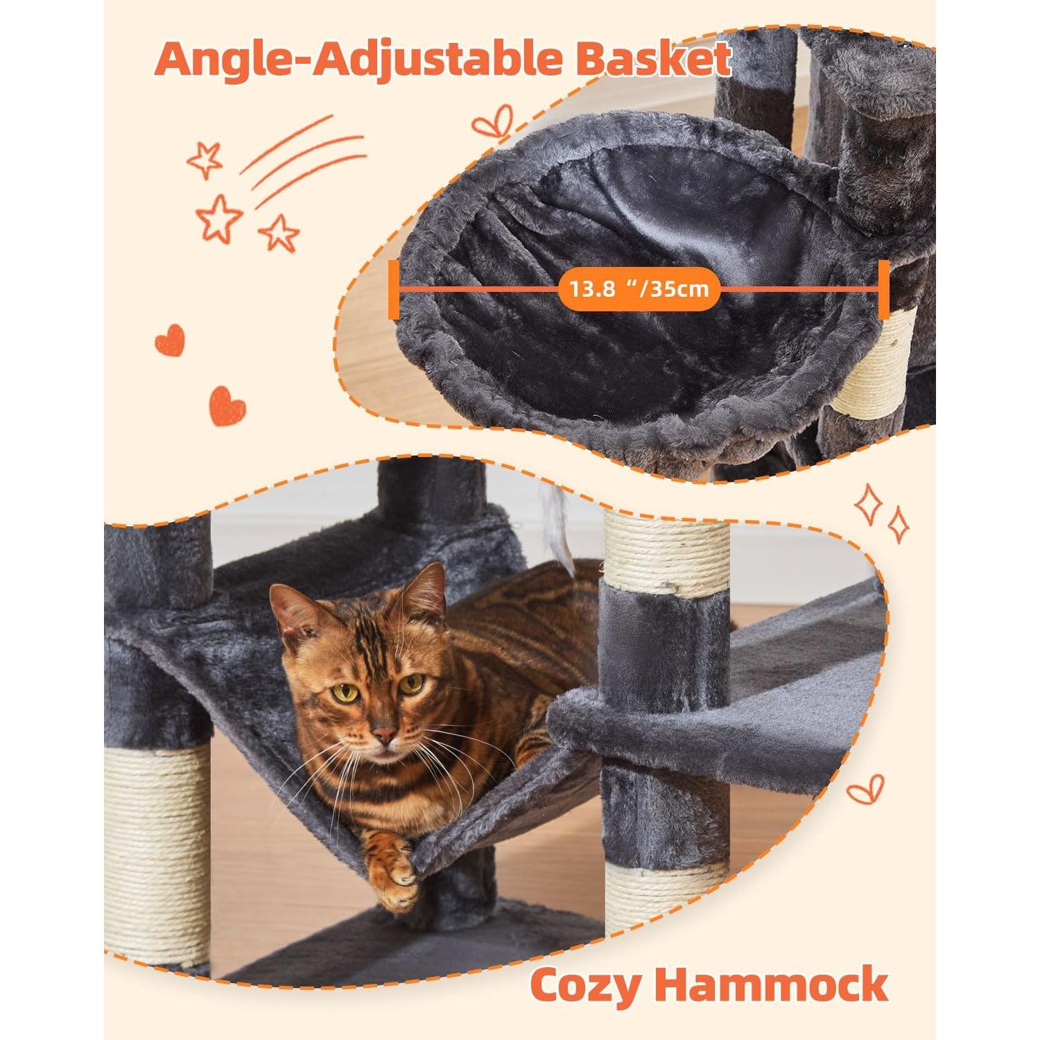 Árbol para Gatos Taoqimiao 168 cm Gris Humo con Hamaca y Cuevas