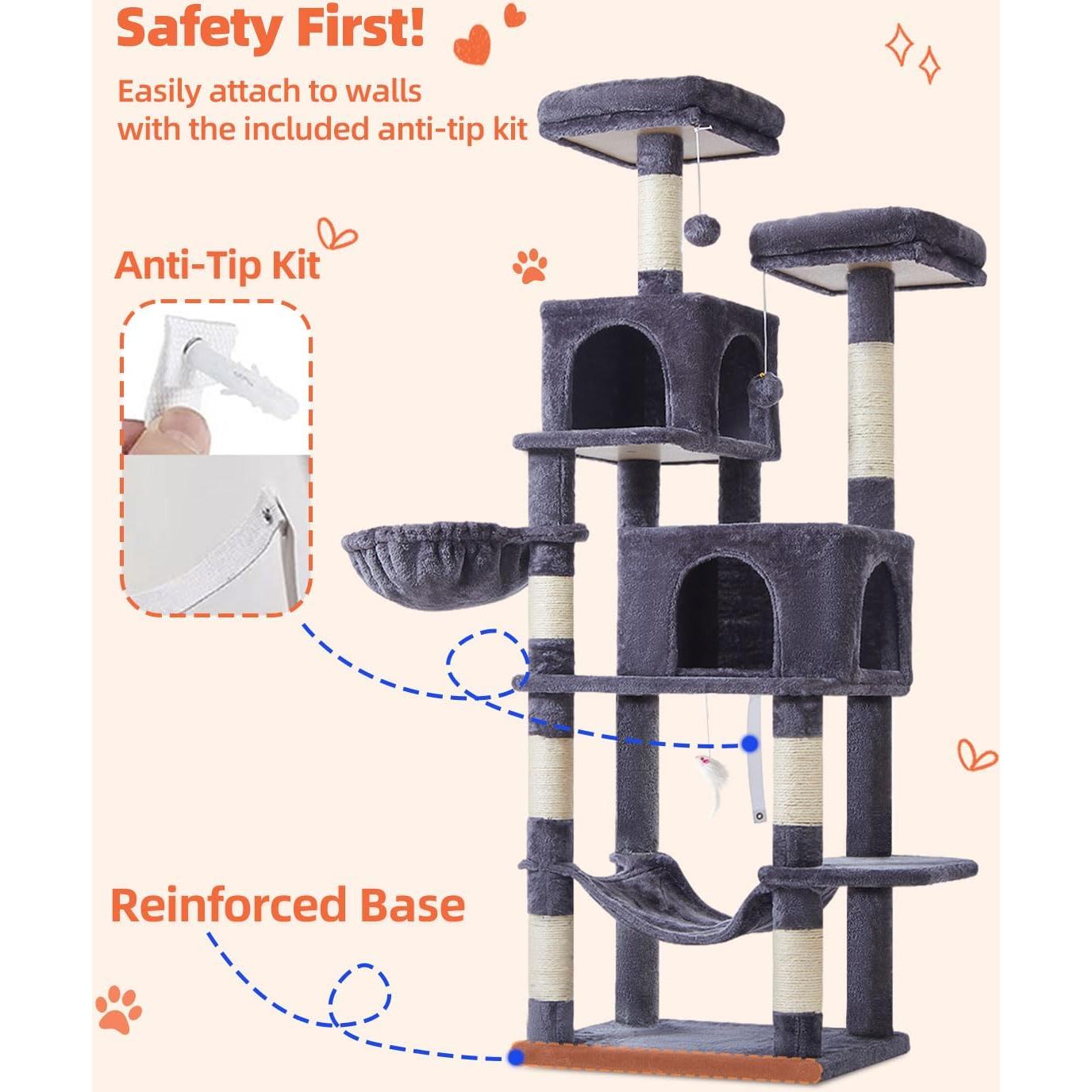 Árbol para Gatos Taoqimiao 168 cm Gris Humo con Hamaca y Cuevas