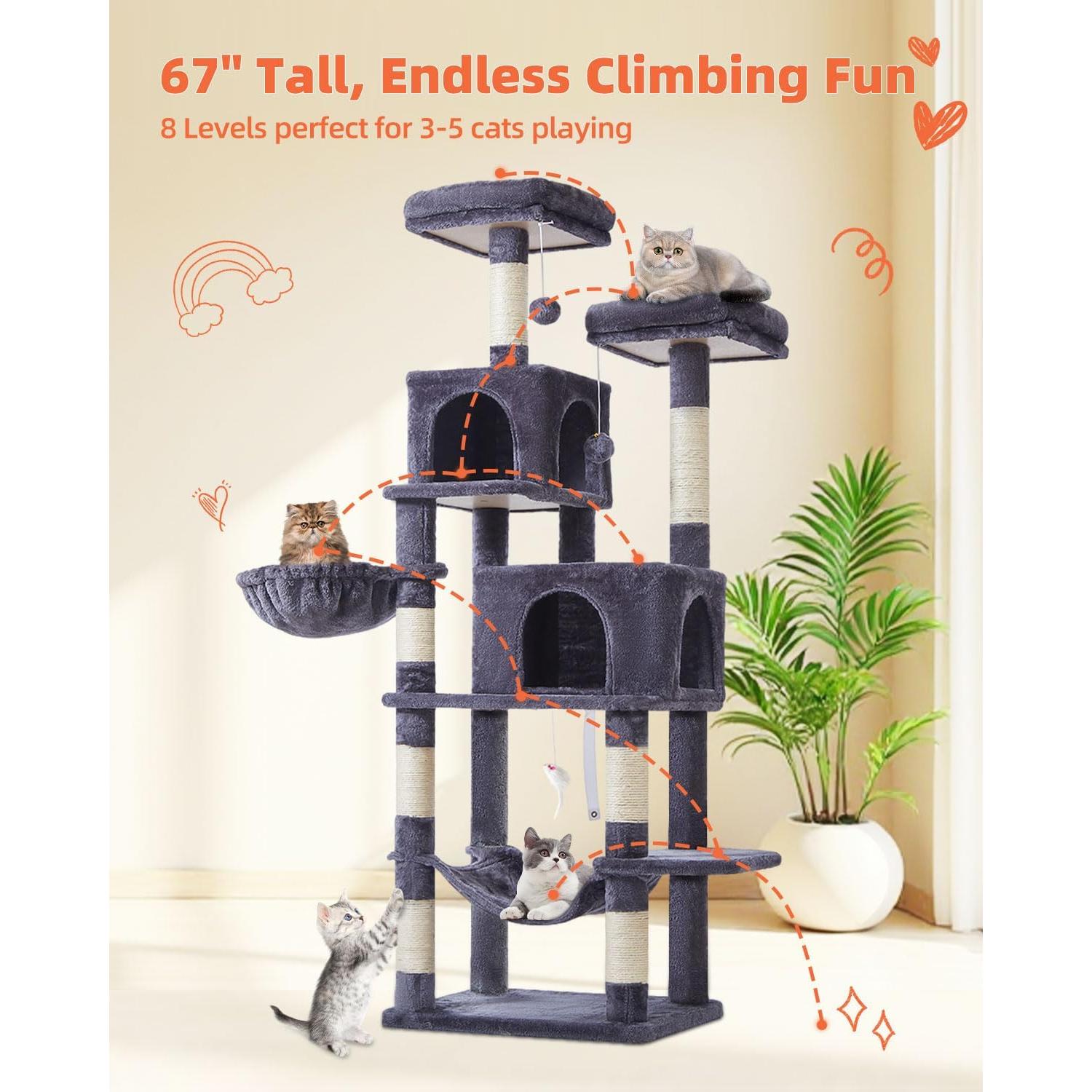 Árbol para Gatos Taoqimiao 168 cm Gris Humo con Hamaca y Cuevas