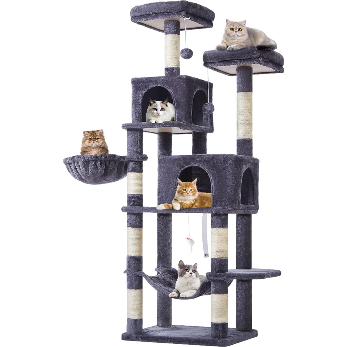Árbol para Gatos Taoqimiao 168 cm Gris Humo con Hamaca y Cuevas