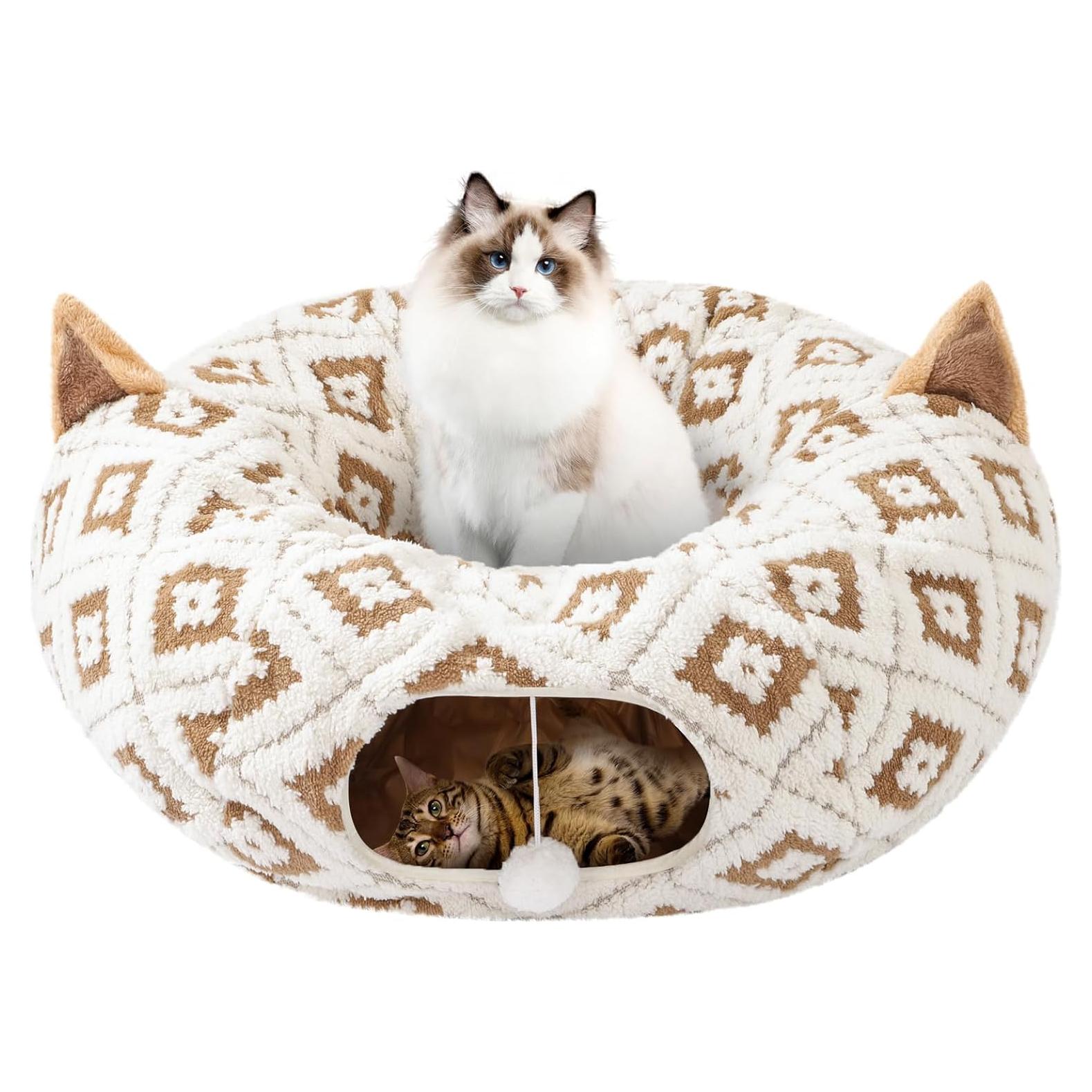 Túnel de Cama para Gatos Morikey 80x80cm Marrón con Cojín