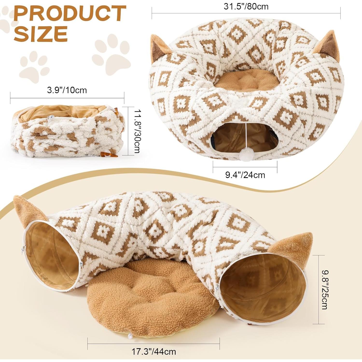 Túnel de Cama para Gatos Morikey 80x80cm Marrón con Cojín