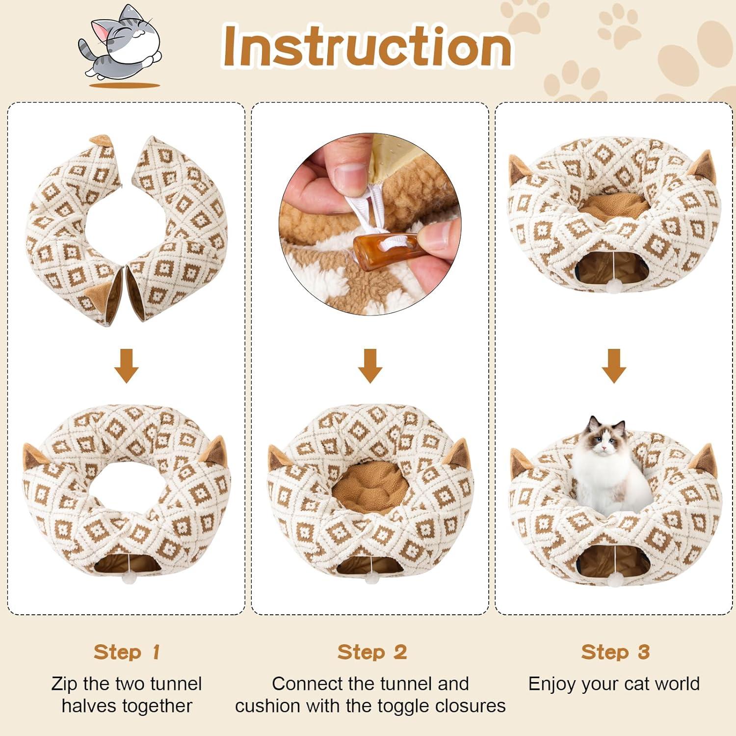 Túnel de Cama para Gatos Morikey 80x80cm Marrón con Cojín
