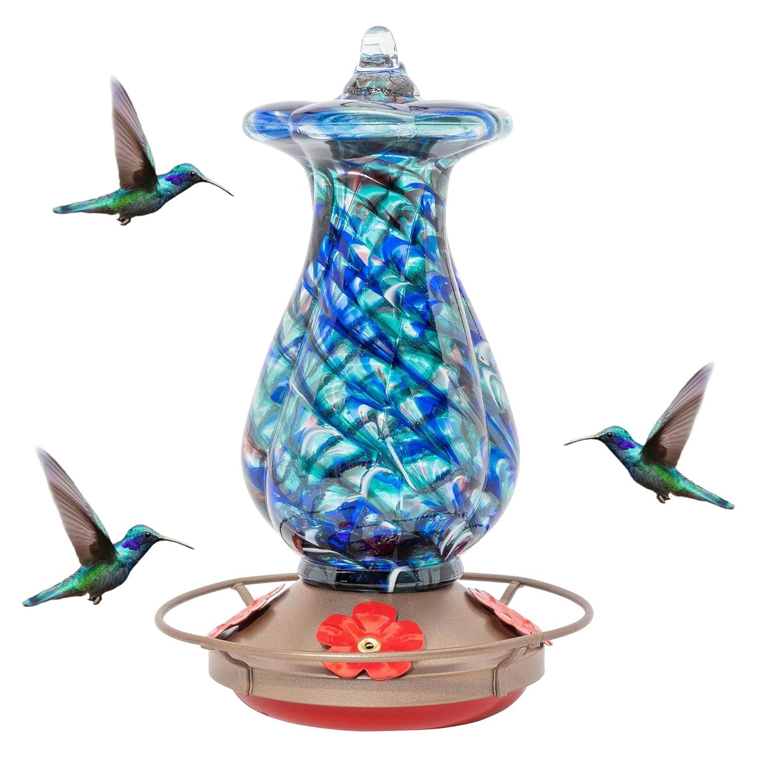 Alimentador de Colibríes MEKKAPRO de Vidrio 20oz Floral Azul