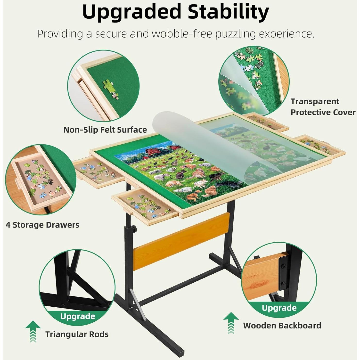 ALL4JIG 2000 Piece Jigsaw Puzzle Table with Legs,Wooden Jigsaw Puzzle Table with 4 Drawers & Cover,360°Rotating for Easy Access,Adjustable Angle & Height Adjustment
