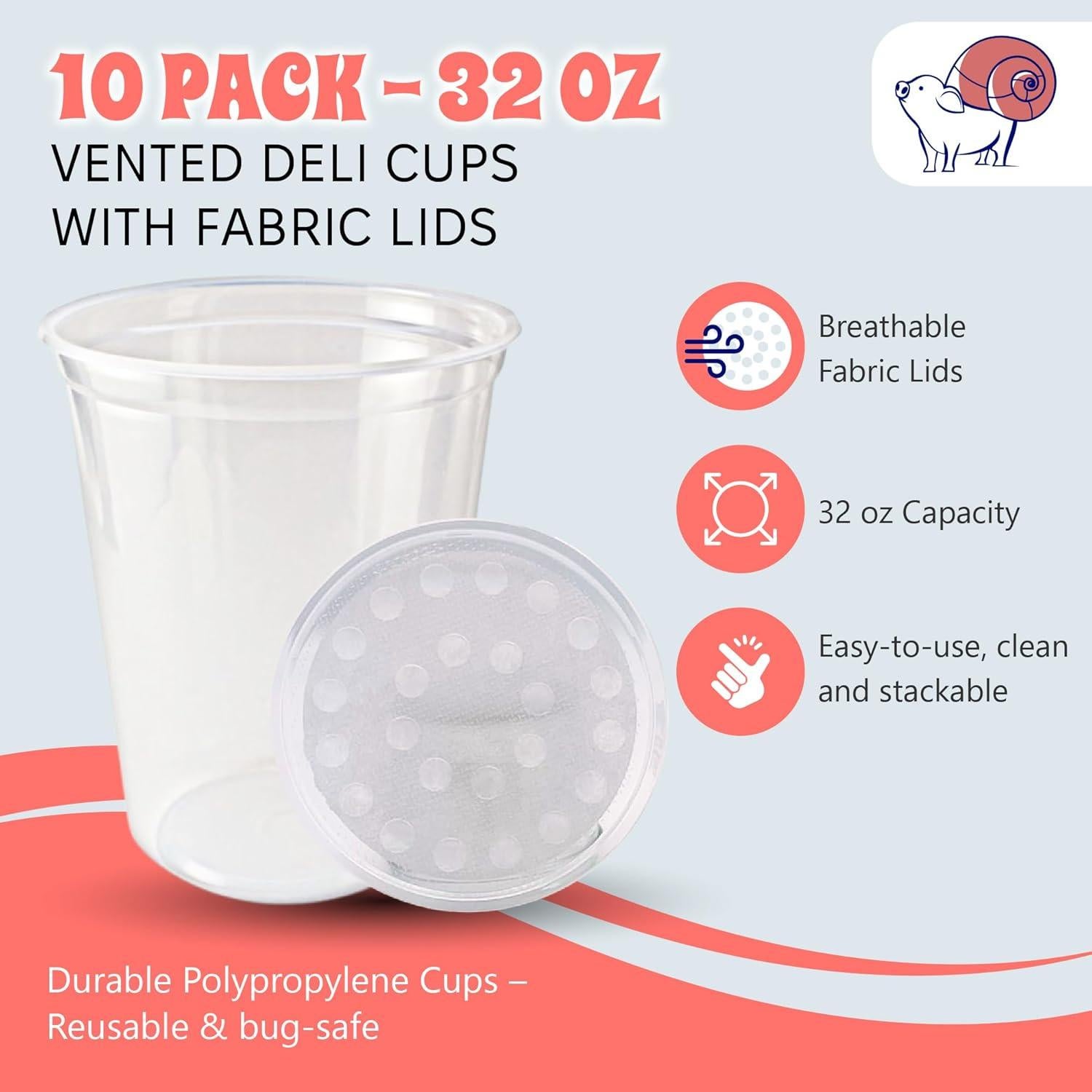 Tazas Deli Snout and Shell 32oz con tapas ventiladas - Paquete de 10