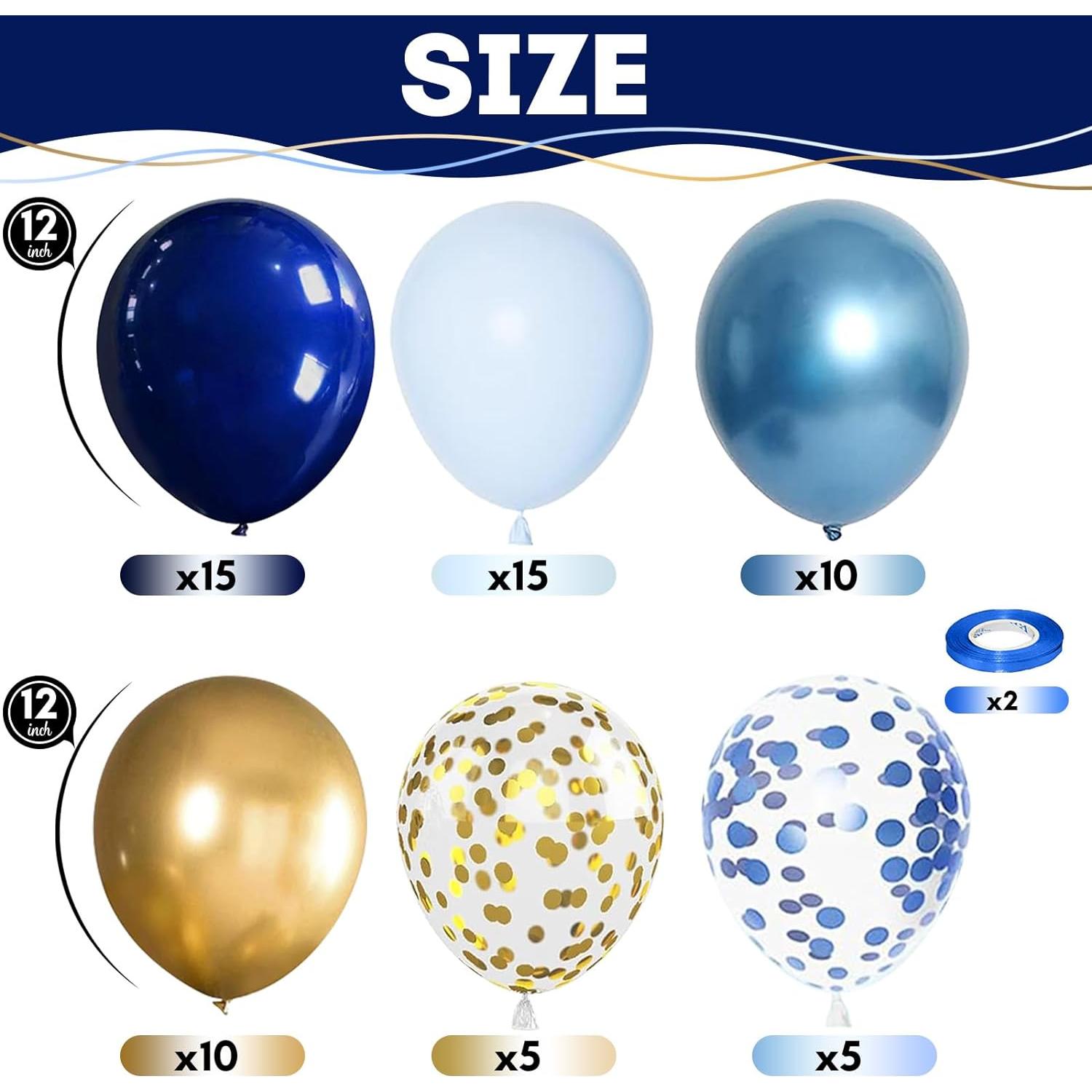 60 Globos Metálicos Azul Marino y Claro con Confeti Dorado