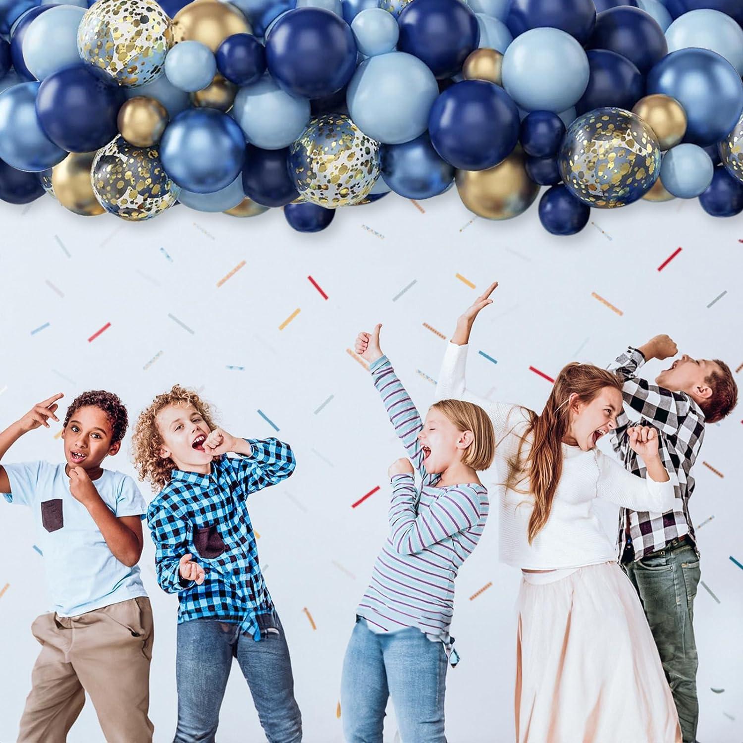 60 Globos Metálicos Azul Marino y Claro con Confeti Dorado