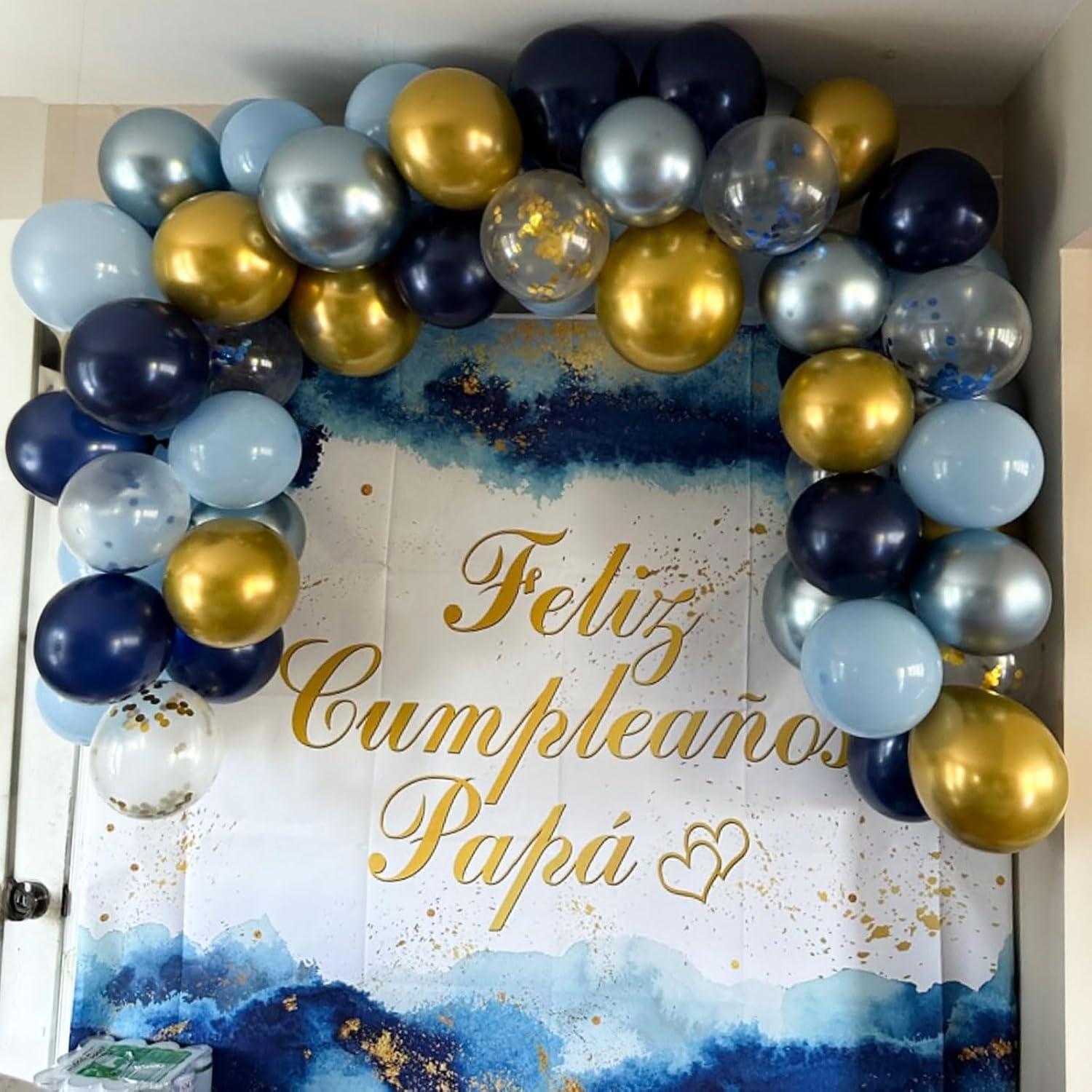 60 Globos Metálicos Azul Marino y Claro con Confeti Dorado