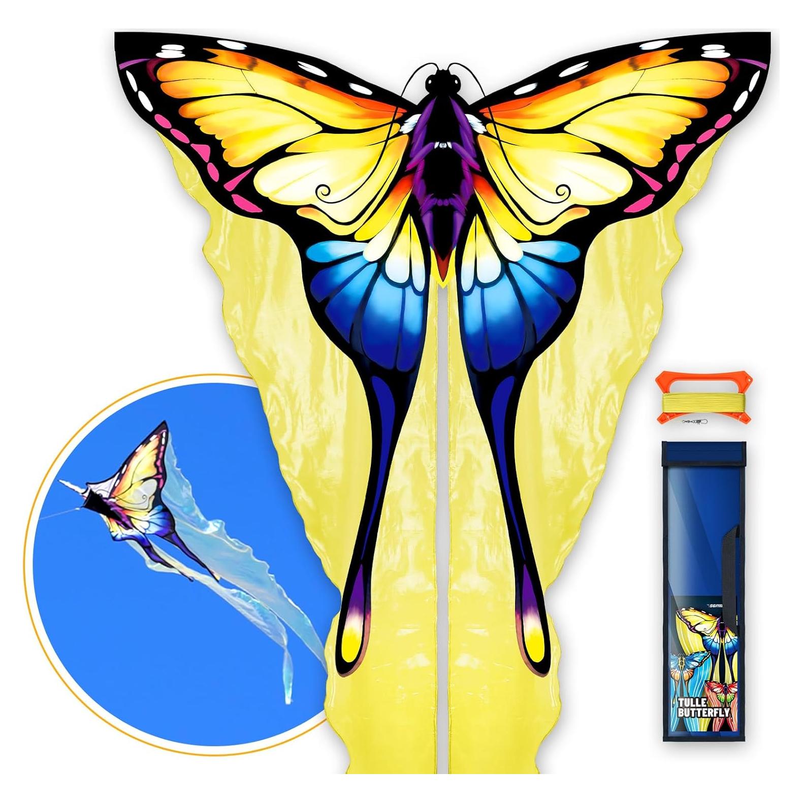 Cometa Mariposa de Tul Amarilla SGftre 140x71cm Fácil de Volar